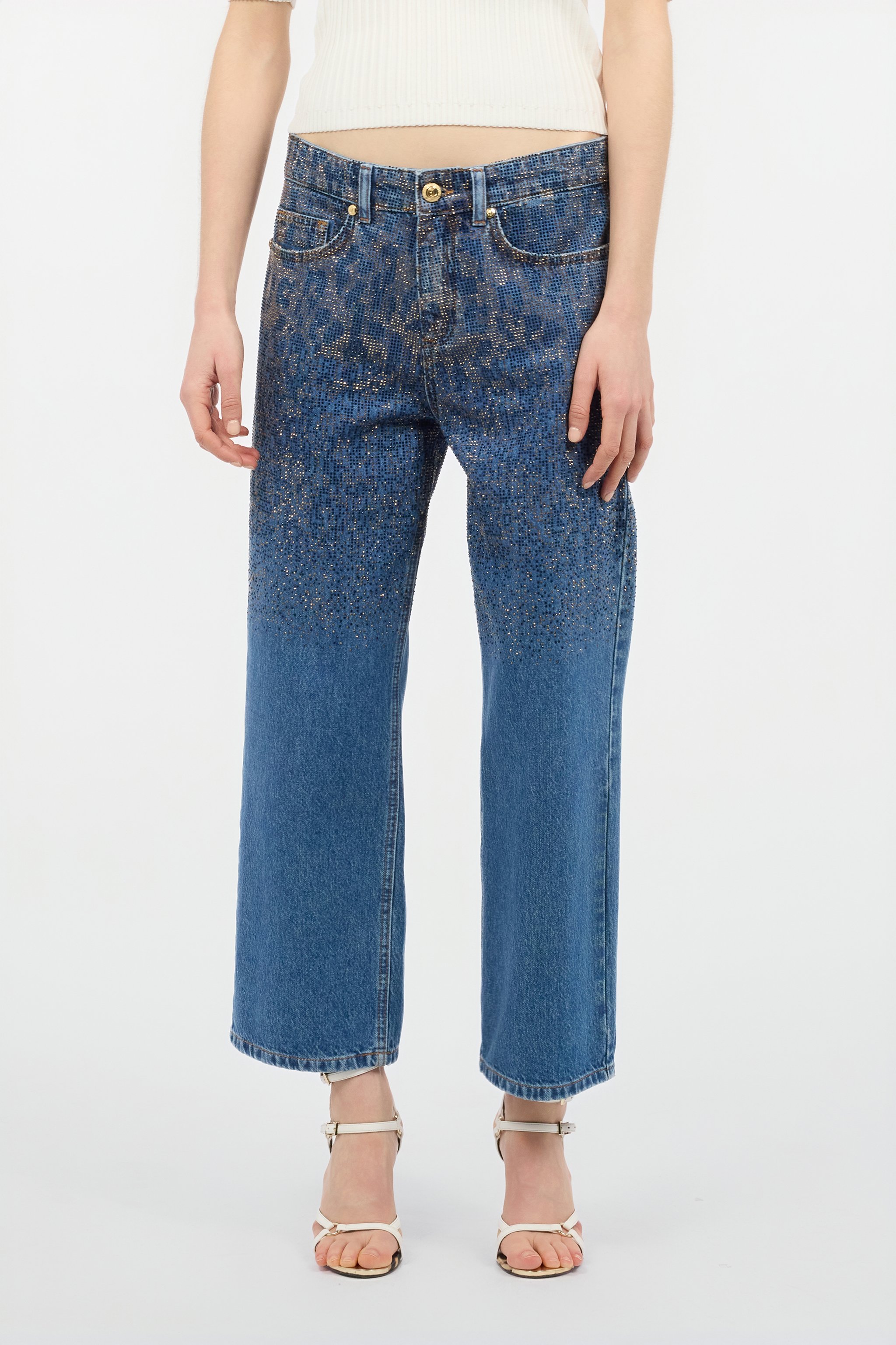 Denim Culotte Jeans With Rhinestones