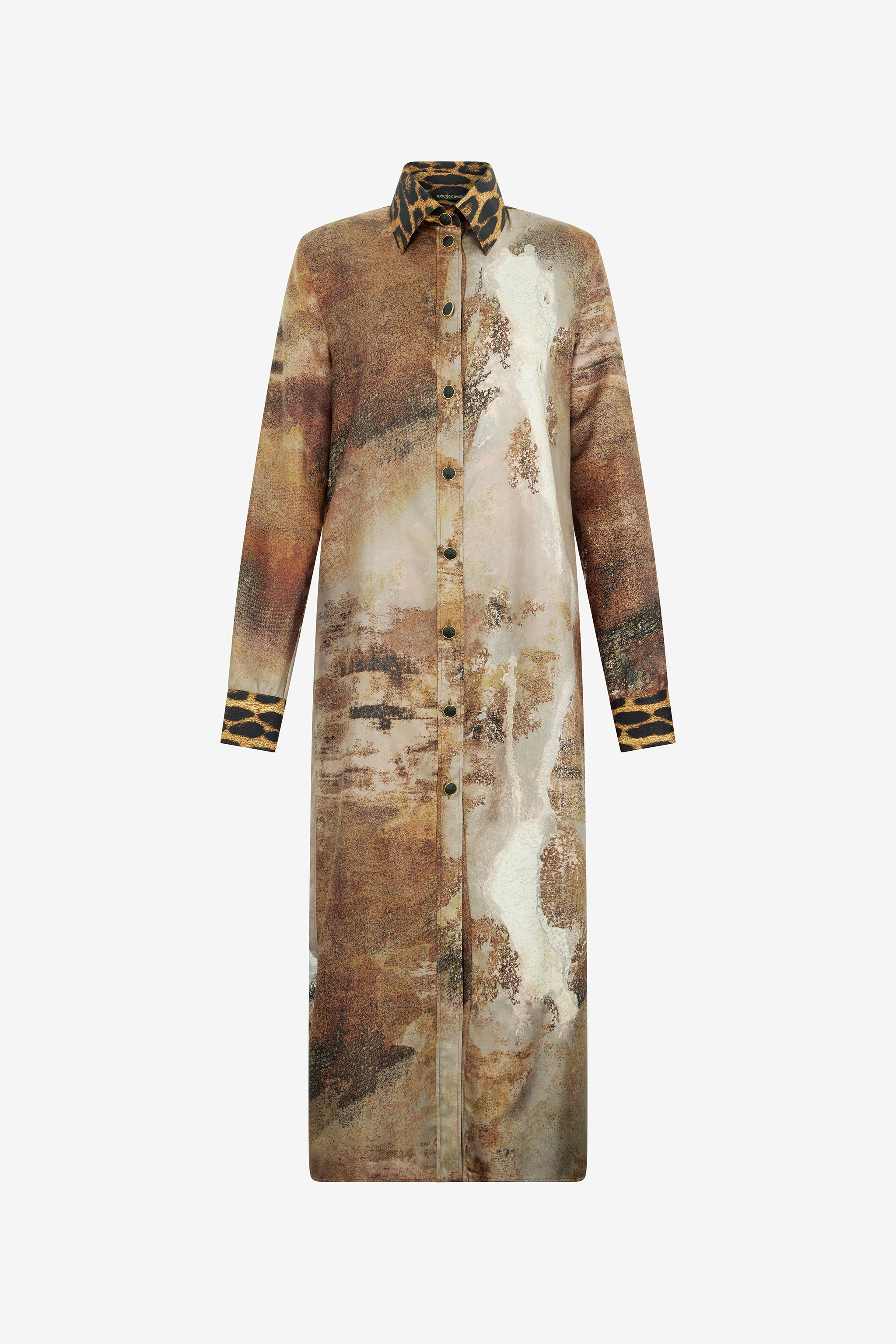 Roberto Cavalli Women's Beige/Light/Brown Silk Shirt Dress With Marble Print