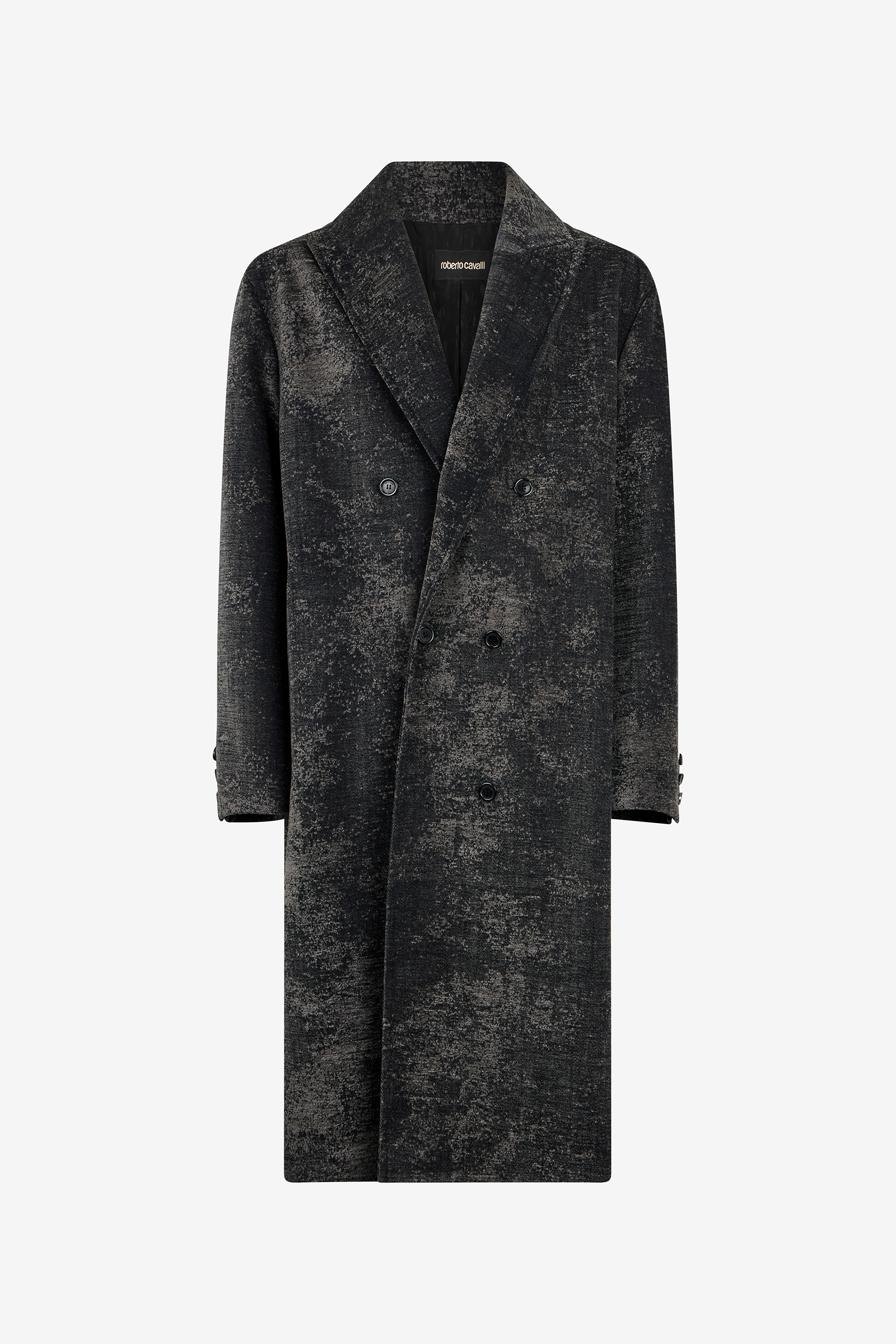 Roberto Cavalli Men's Black Double-Breasted Coat With Distressed Effect - Coats & Jackets