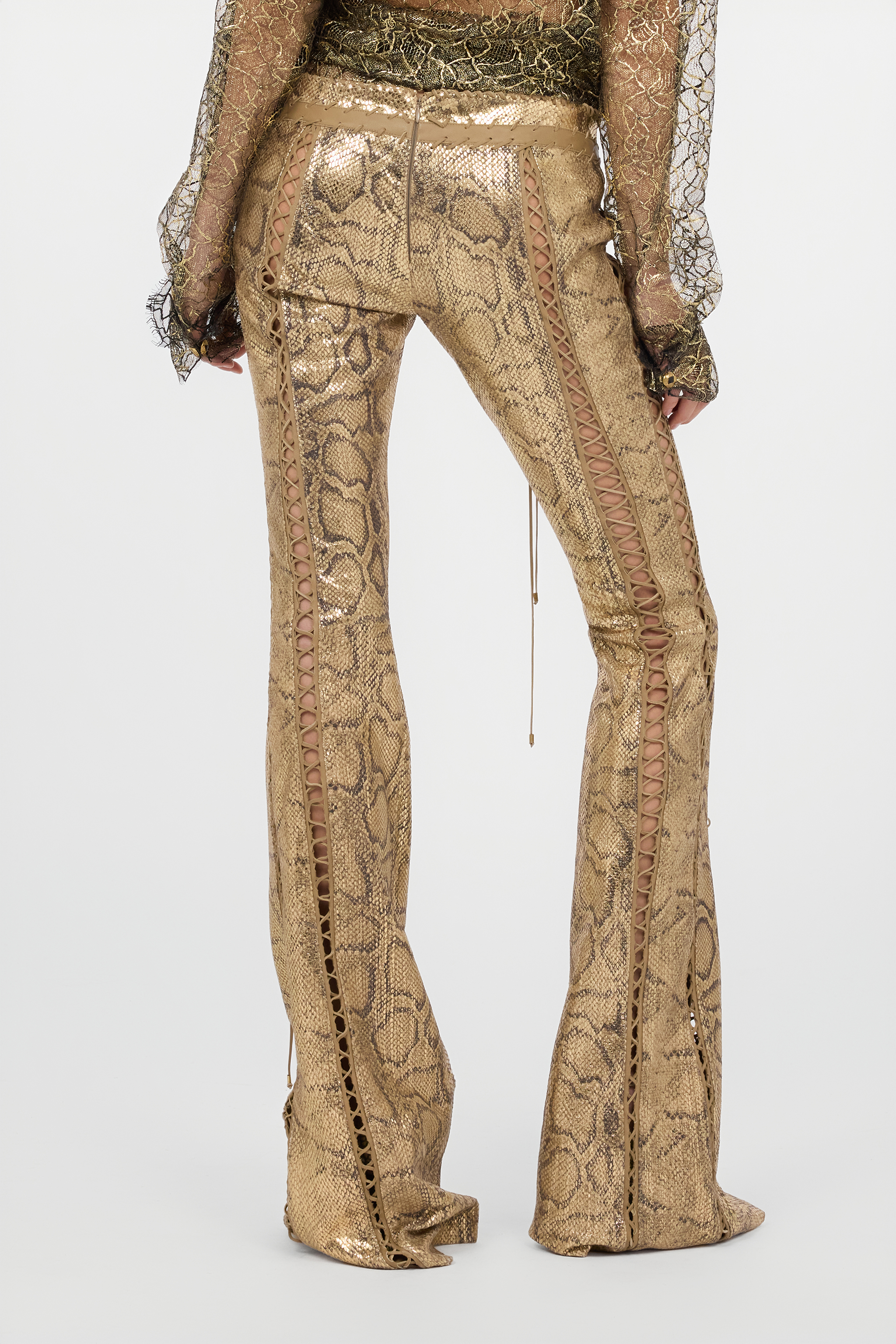  Roberto Cavalli Gold Leather Pants With Python Print And Cut-out Details - Female Trousers & Shorts Gold 38 