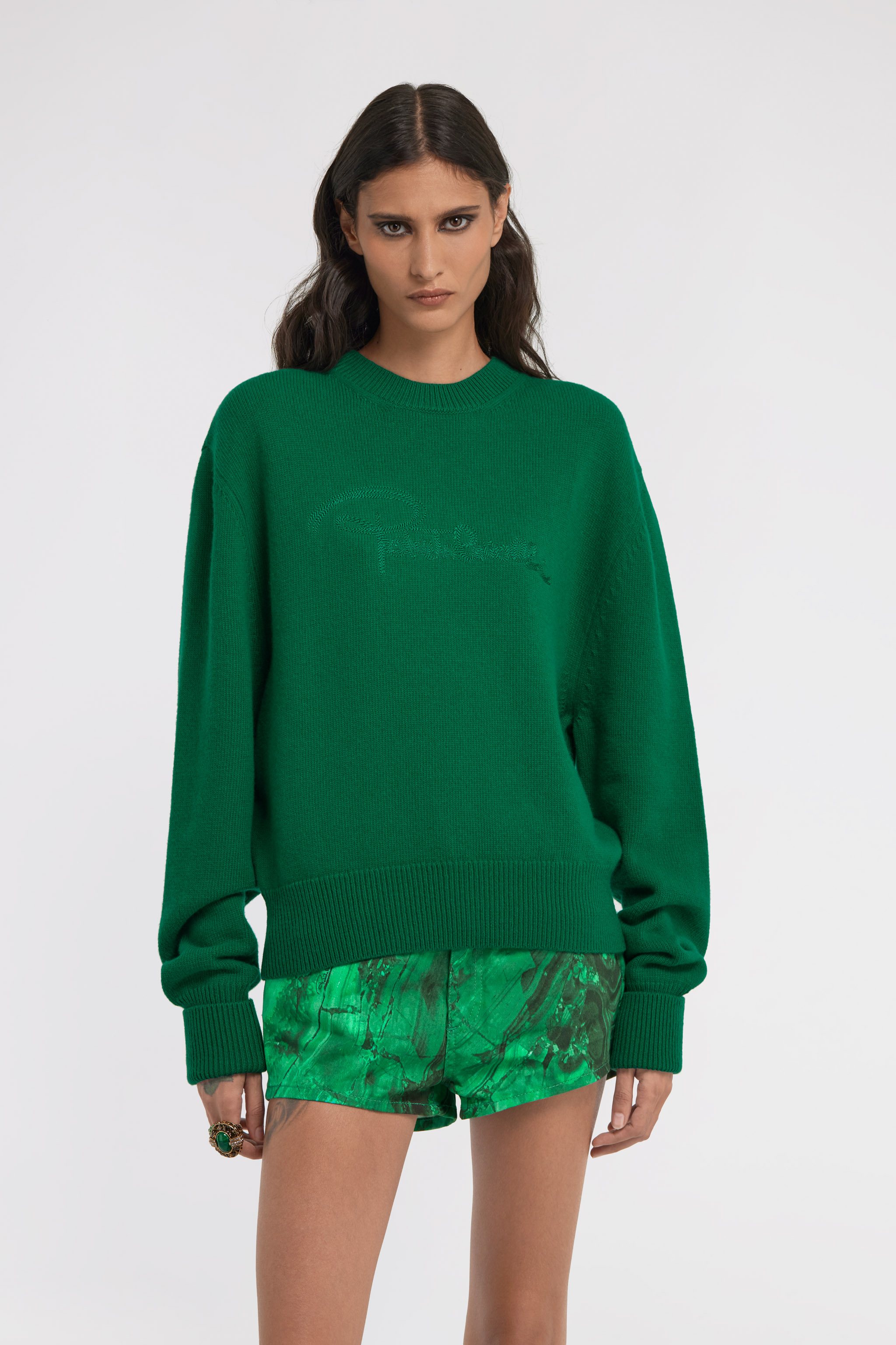 Roberto Cavalli Embroidered Wool Sweater In Green
