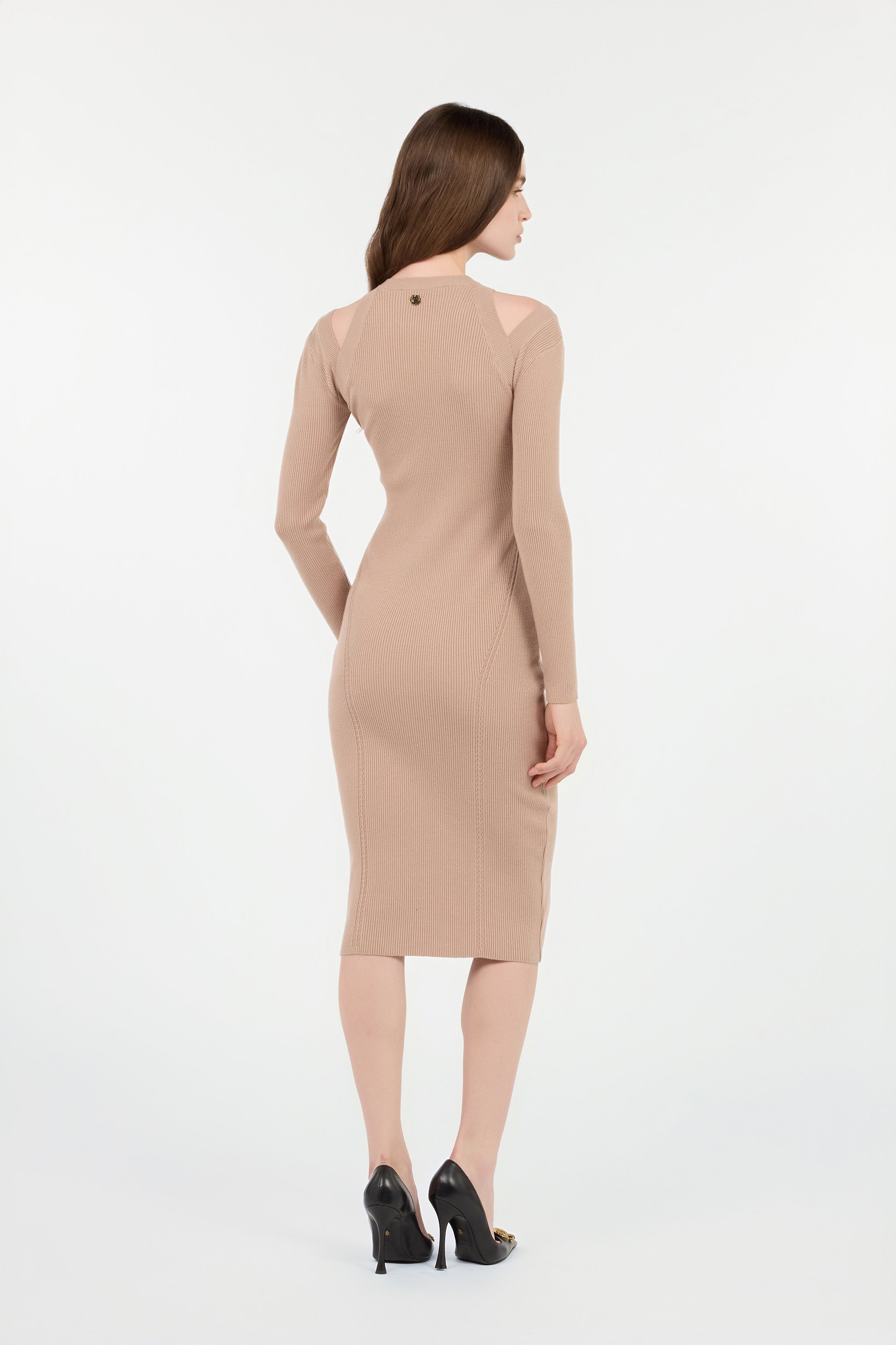 Roberto Cavalli Beige Cut-out Ribbed Midi Dress In Neutral