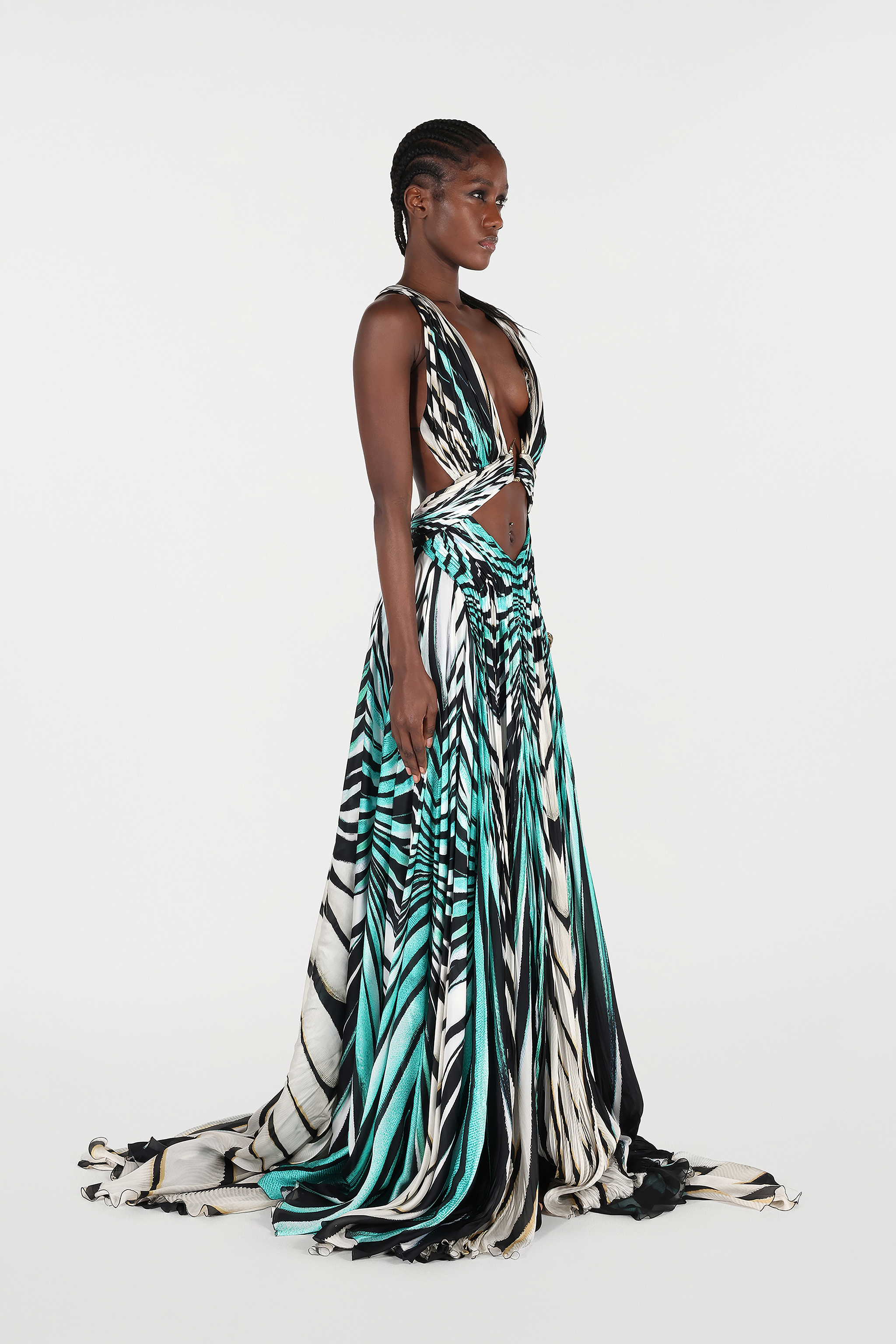 Roberto Cavalli Ray Of Sea Print Cut-out Long Dress