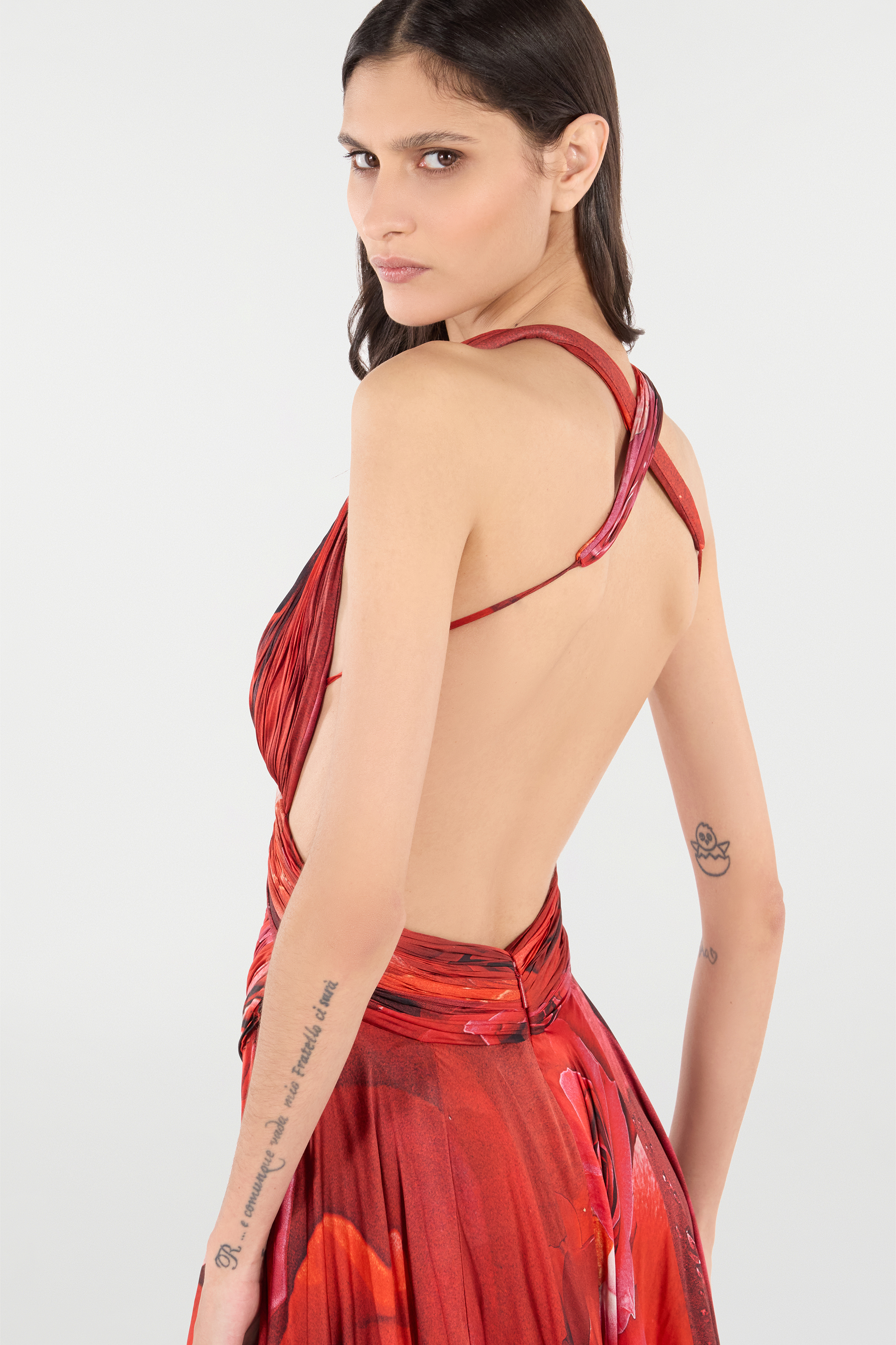 Roberto Cavalli Long Dress With Rose Print And Cut-out In Rosso