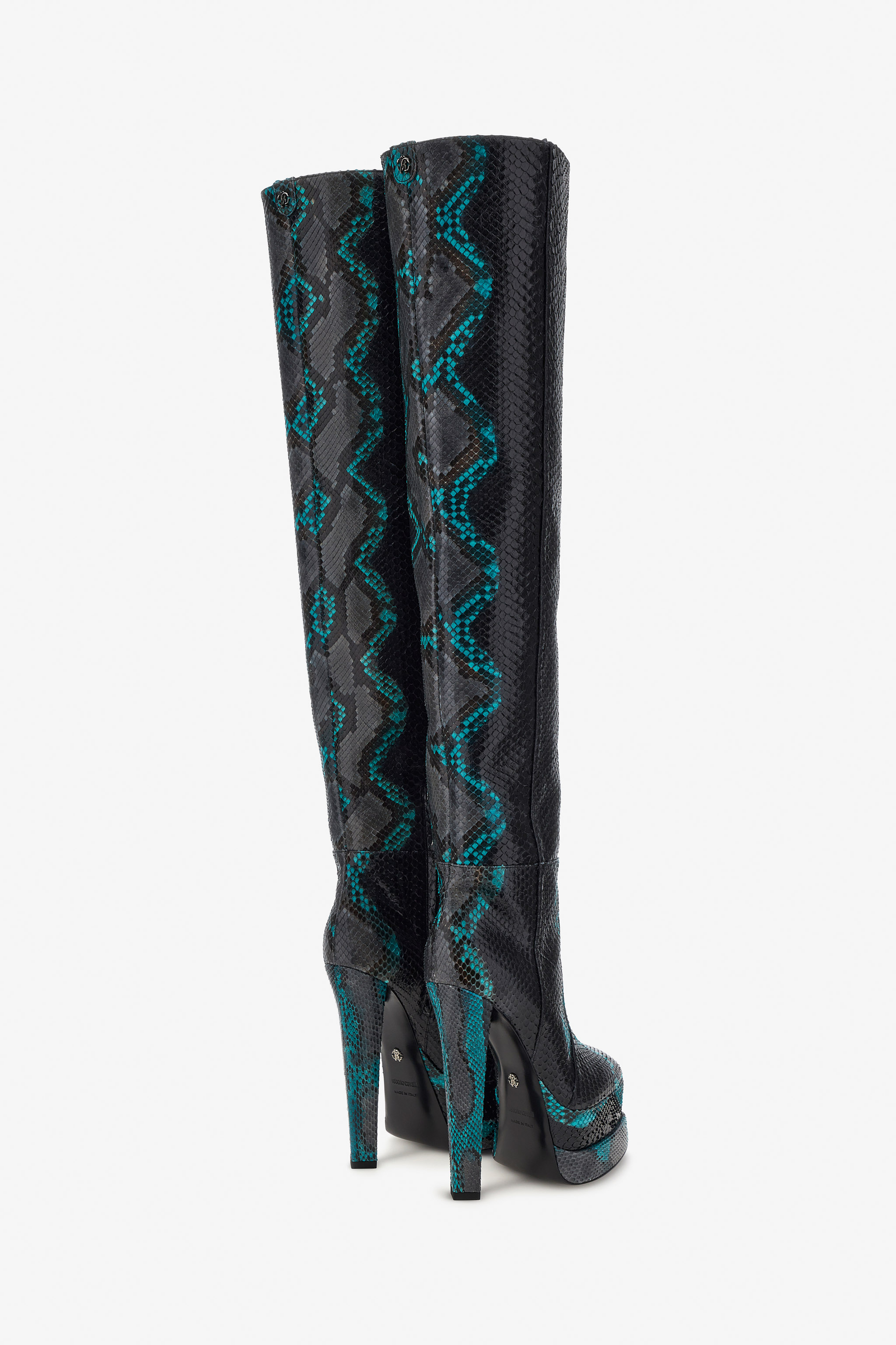 Roberto Cavalli Embossed Python Knee-high Boots In Black