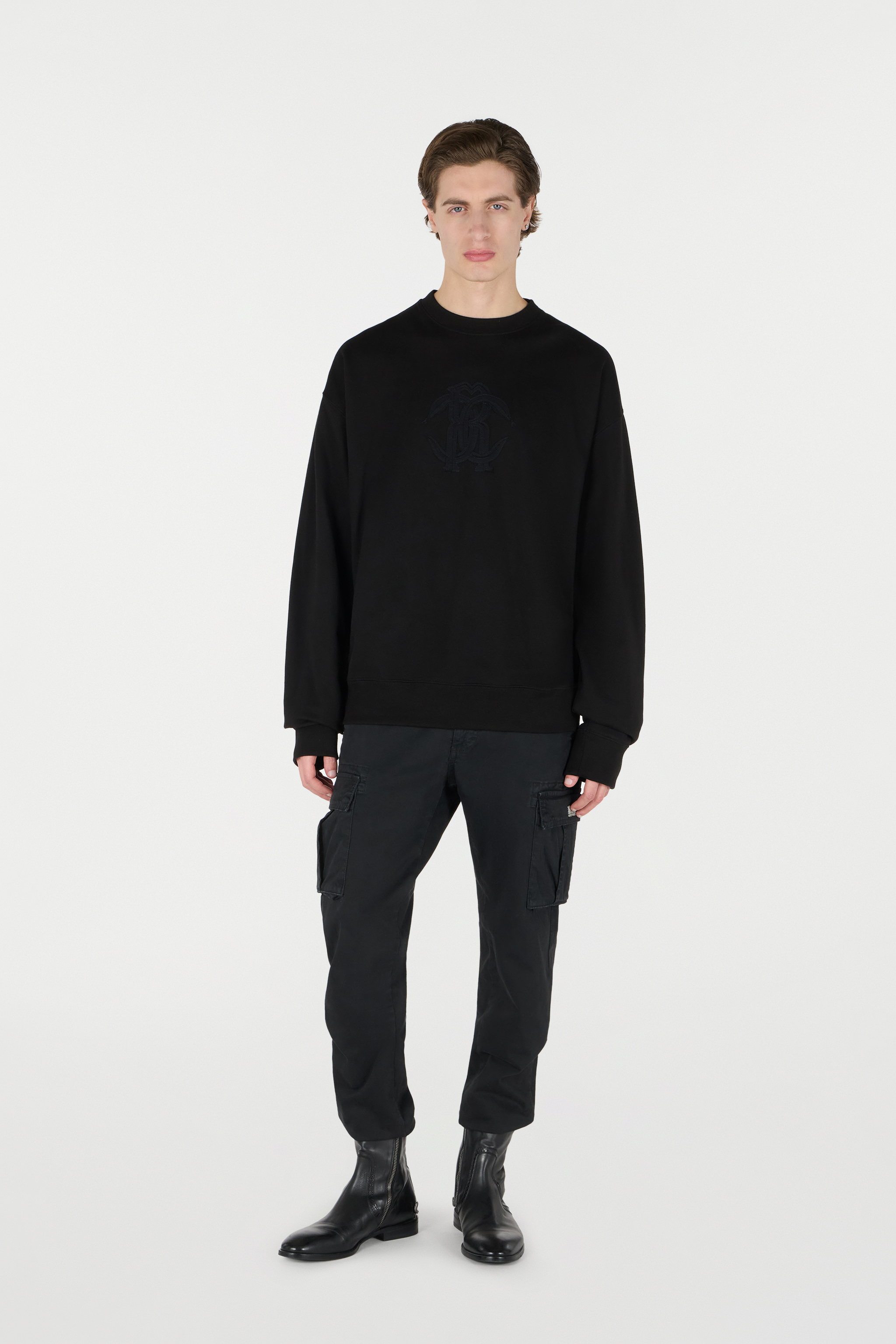 Roberto Cavalli Sweatshirt With Mirror Snake Monogram Embroidery In Black