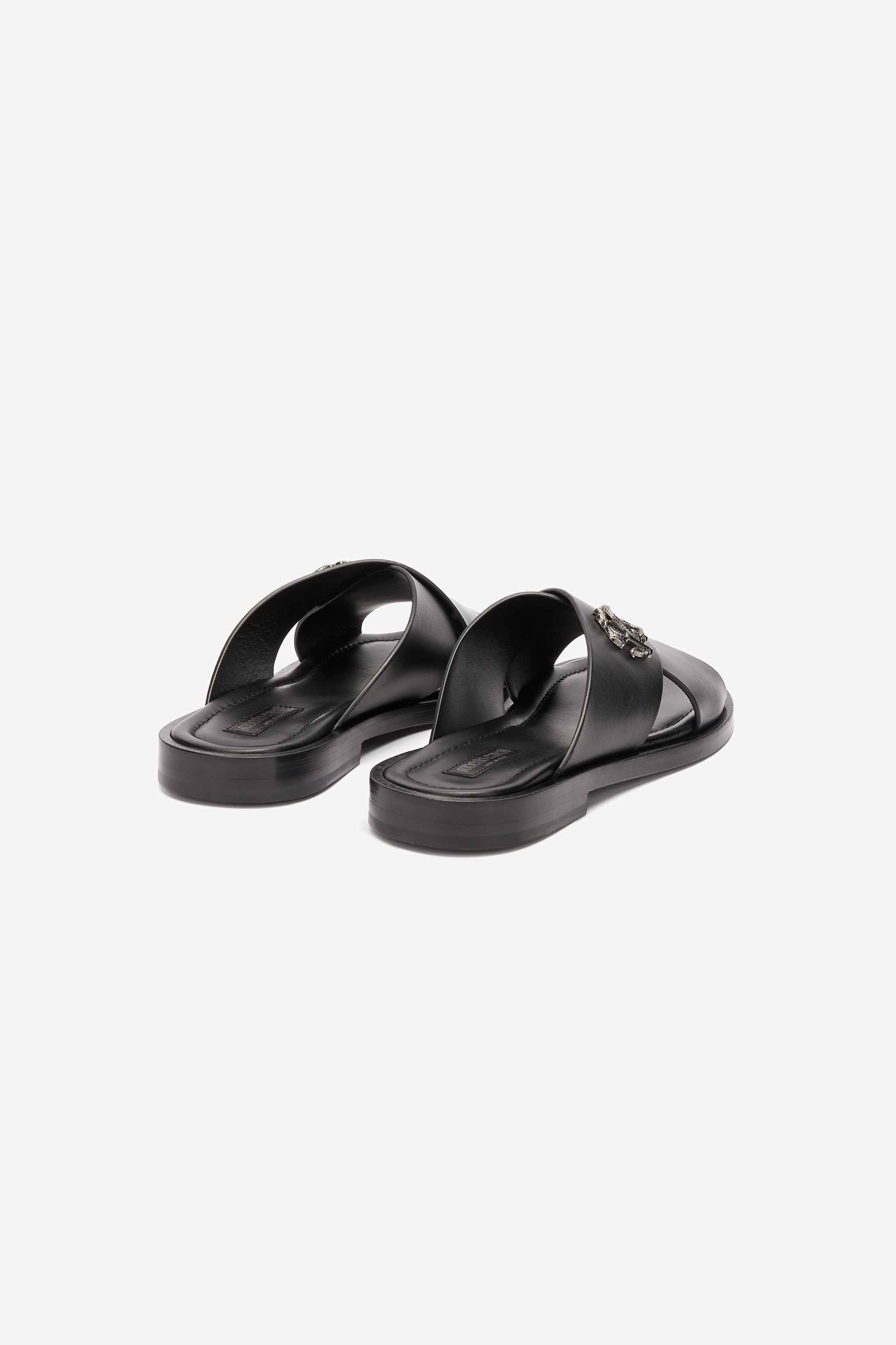 Roberto Cavalli Slides With Straps And Monogram Mirror Snake In Black