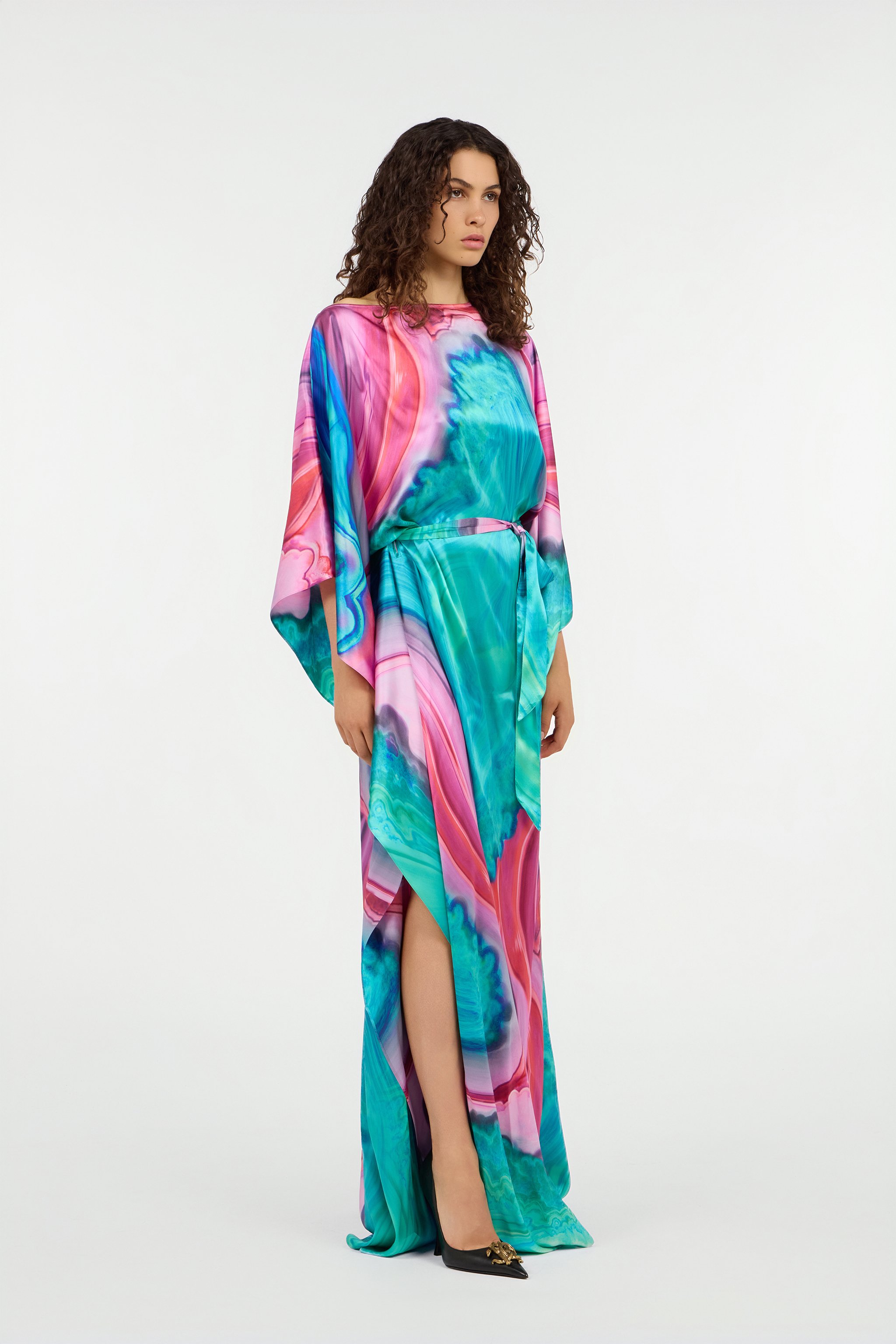 Roberto Cavalli Long Dress In Multicolor Marbled Silk In Multi
