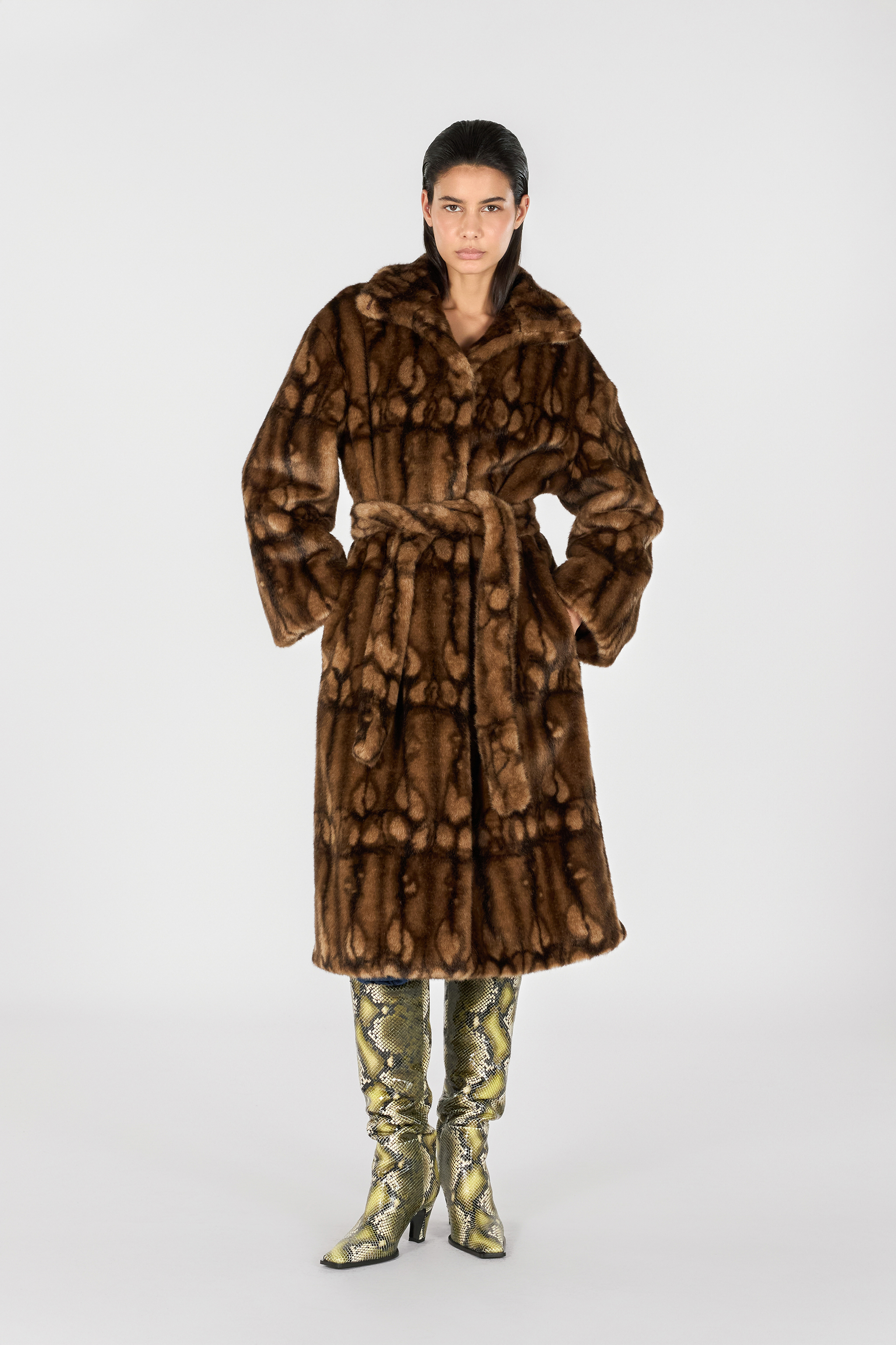 Roberto Cavalli Long Faux Fur Coat With High Collar In Brown
