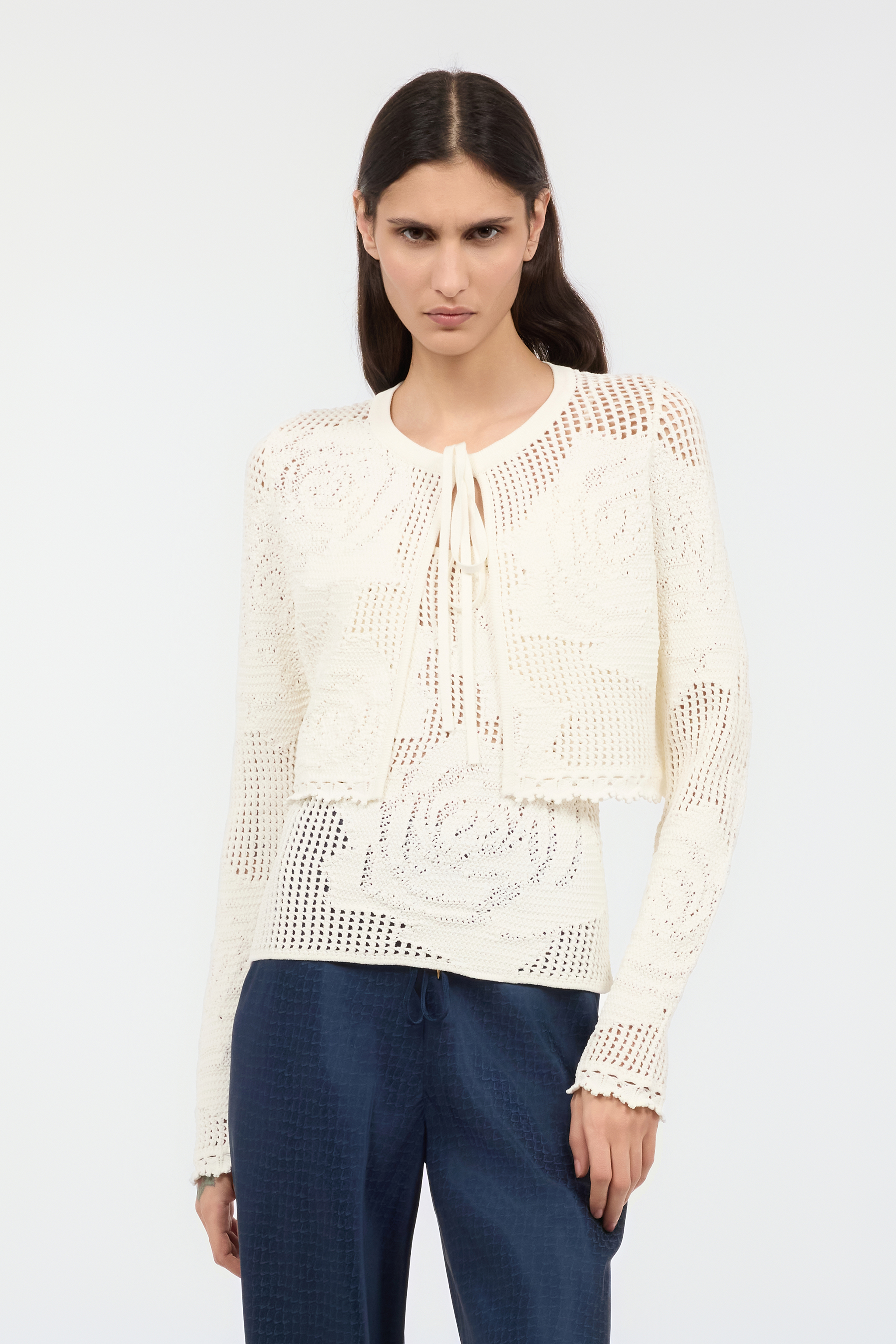 Roberto Cavalli Openwork Cropped Cardigan With Roses - Female Ready To Wear Ivory Xs 