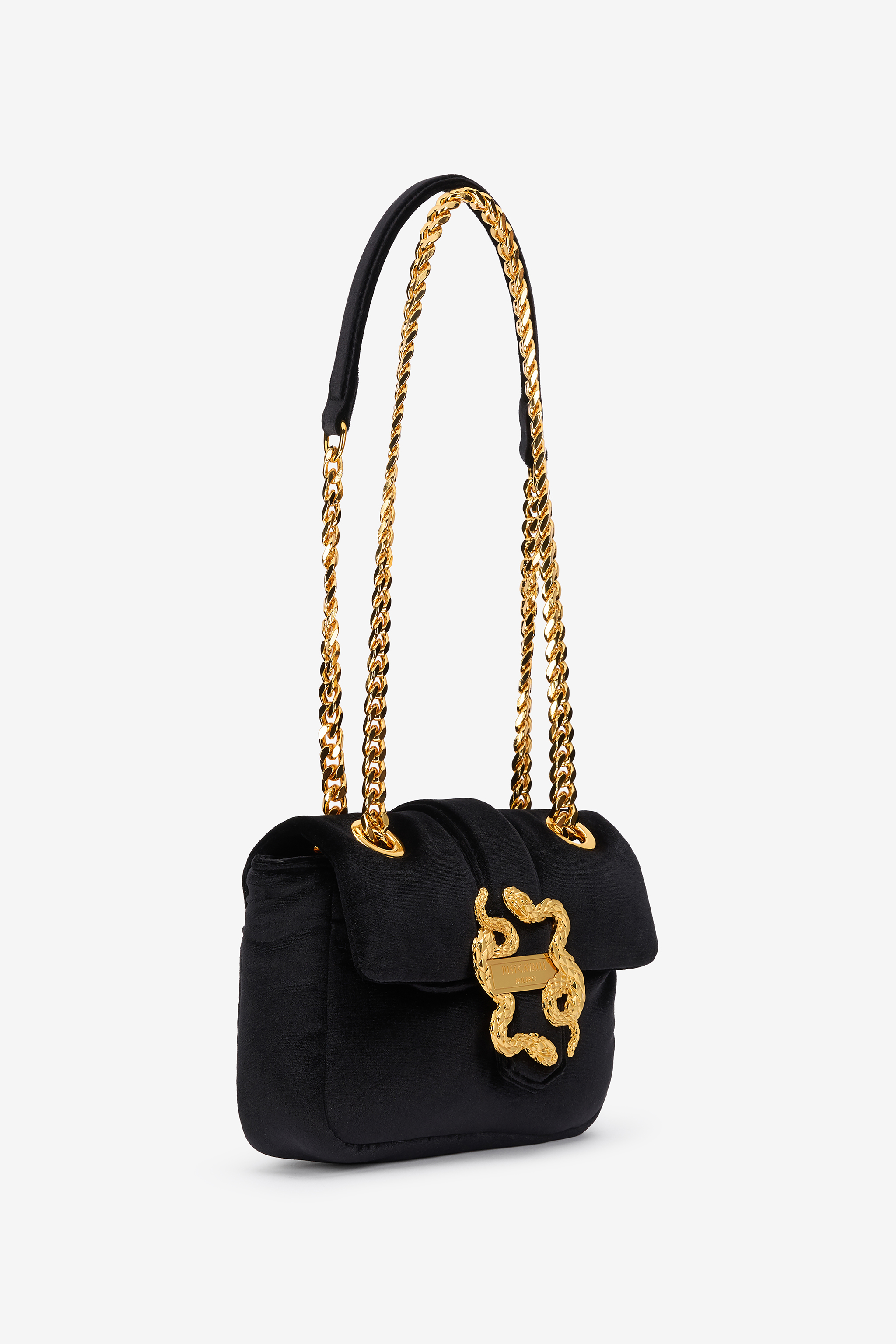 Roberto Cavalli Black Velvet Shoulder Bag Snake Buckle In Black