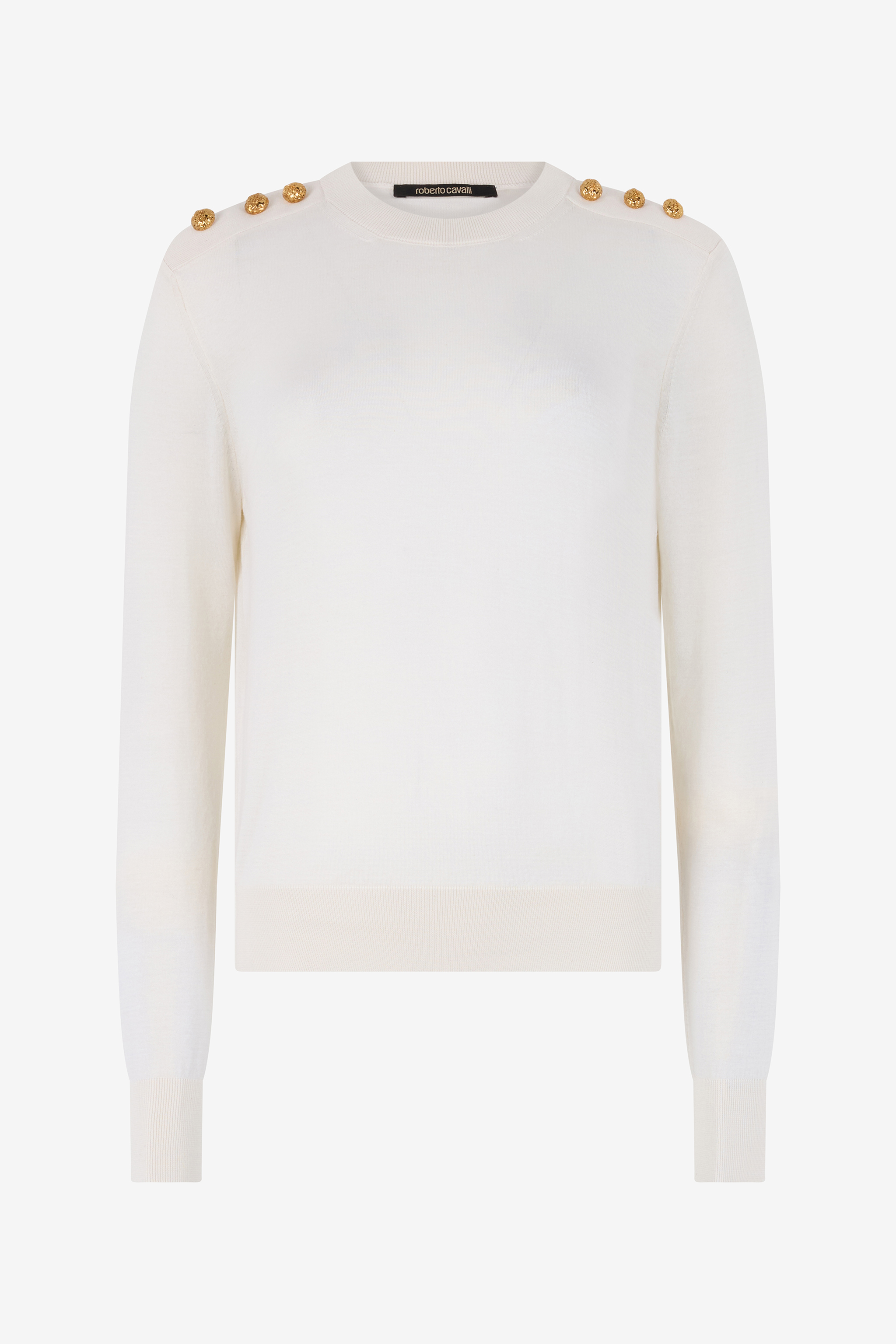 Roberto Cavalli , Round-Neck Knitwear, Female, White, M, Jumper With Gold Buttons - Image 2
