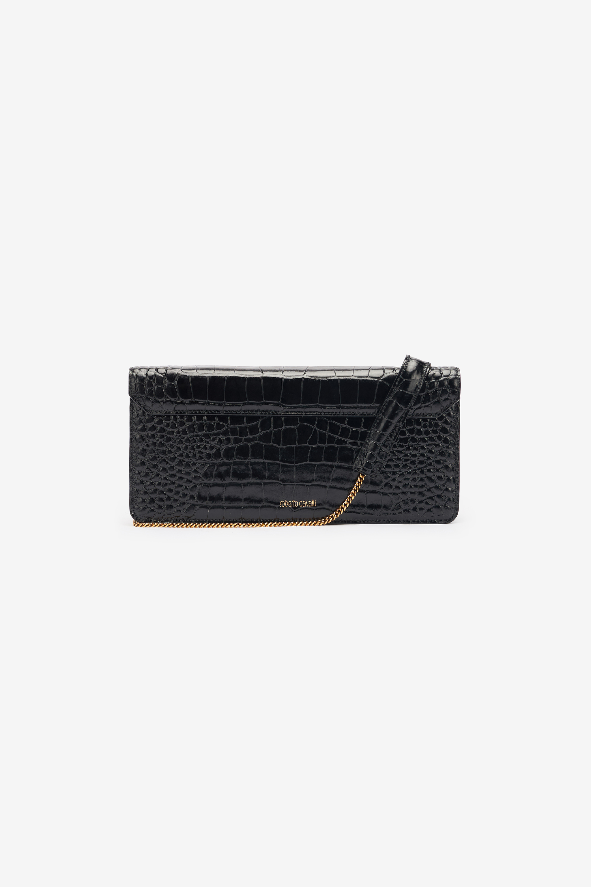 Roberto Cavalli Long Crocodile-print Roar Clutch In Black
