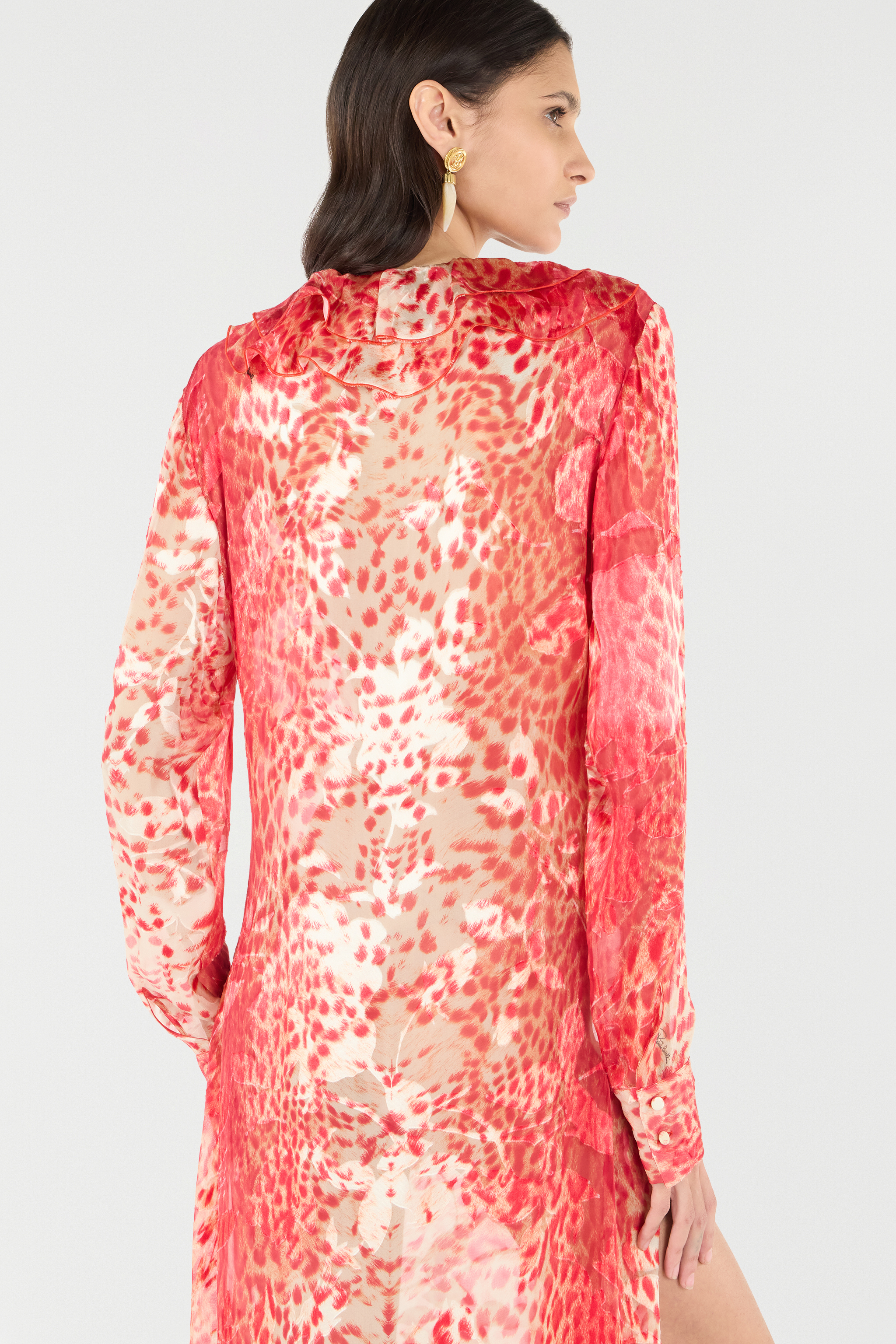 Roberto Cavalli Long Dress With Ruffle And Jaguar Skin Print In Red