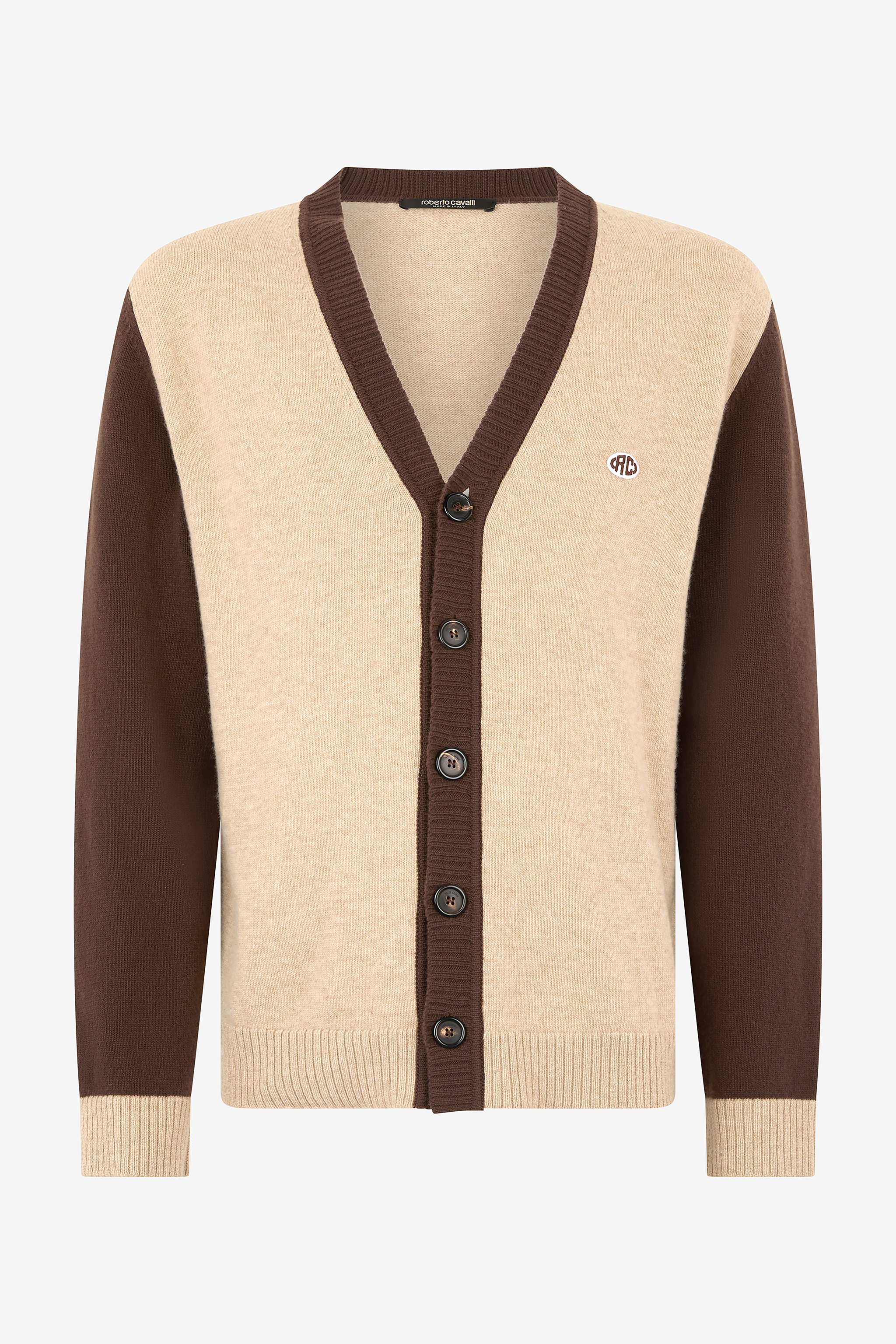 Roberto Cavalli Men's Light/Brown Cardigan With Rc Monogram Patch - Promo Sale Fw2025