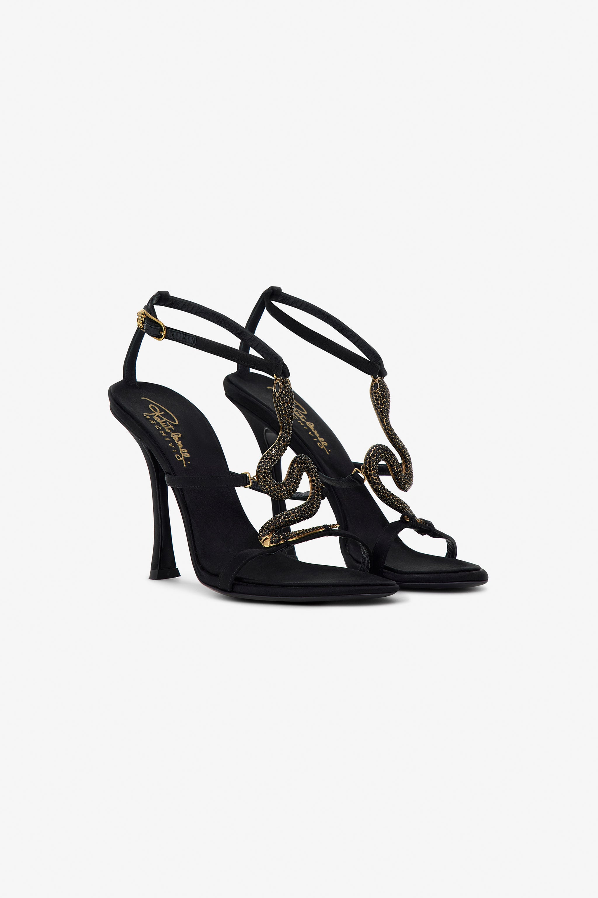 Snake-Embellished Sandals in Black for Women | Roberto Cavalli®
