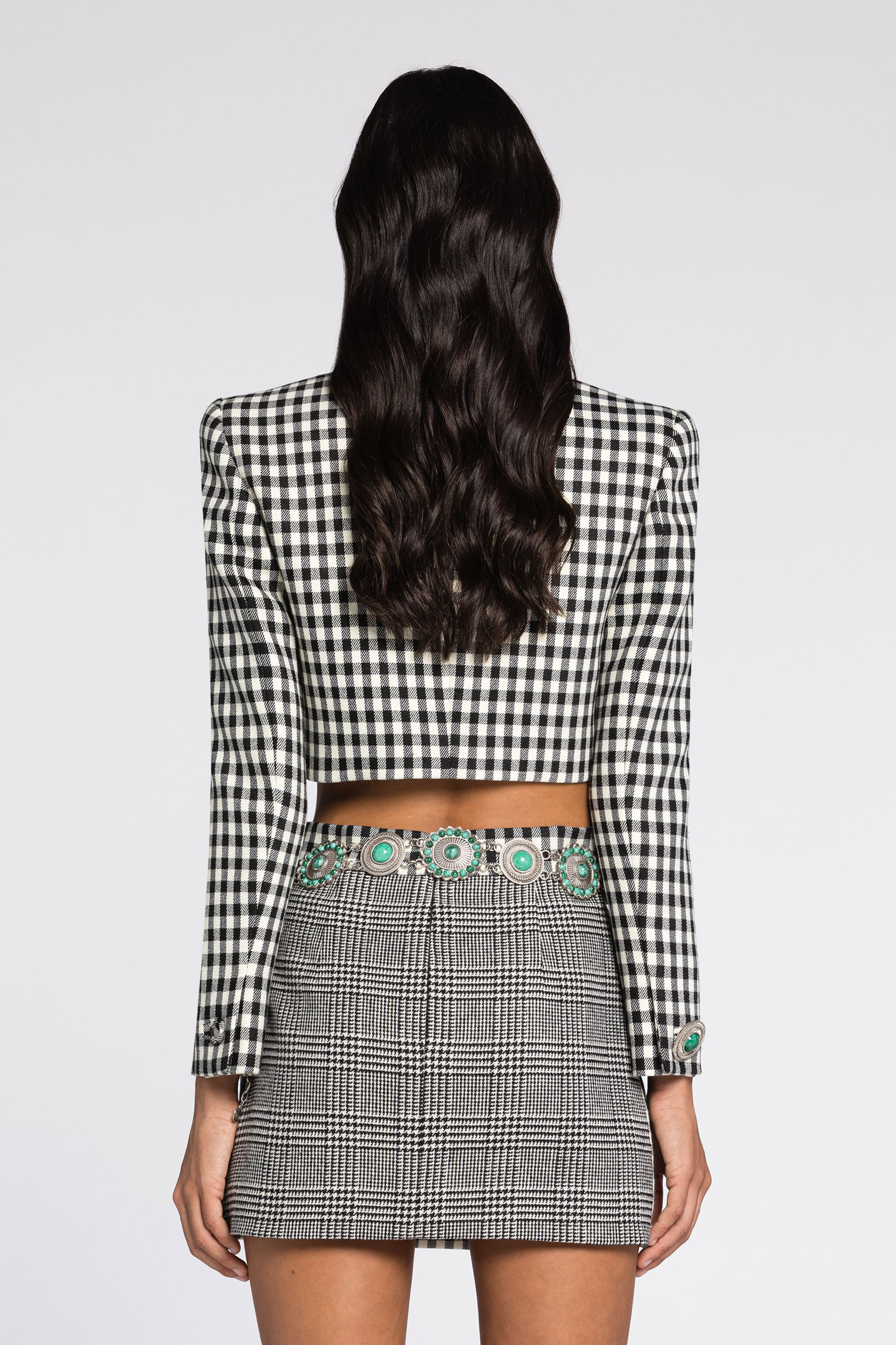 Roberto Cavalli Gingham Cropped Blazer In Black/white