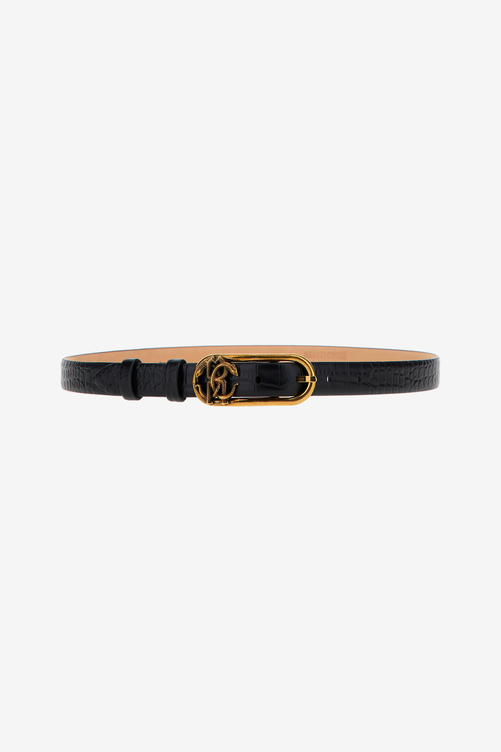 Roberto Cavalli Women's Black Leather Belt With Monogram Mirror Snake - Belts