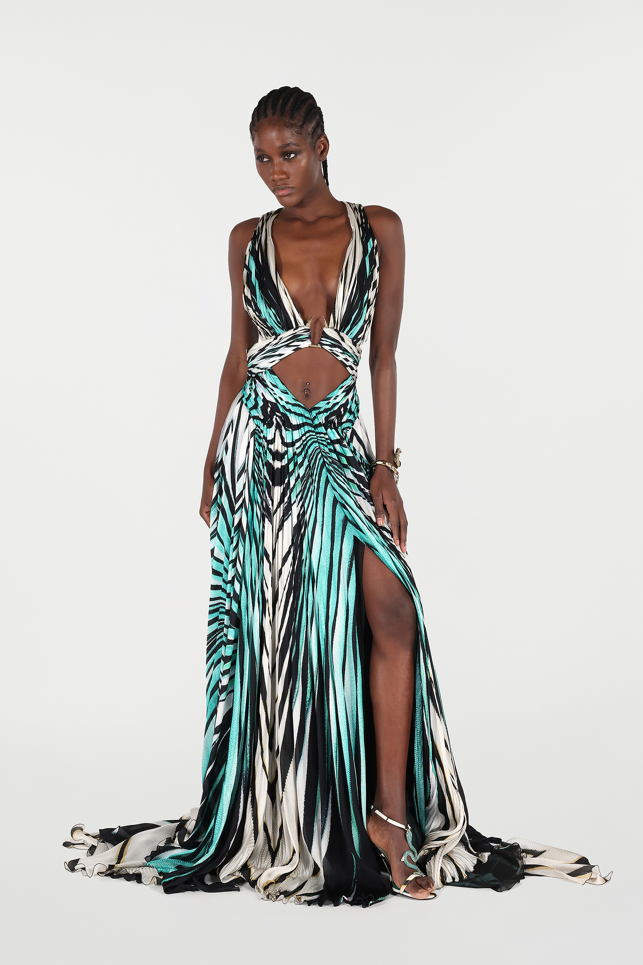 Roberto Cavalli Ray Of Sea Print Cut-out Long Dress
