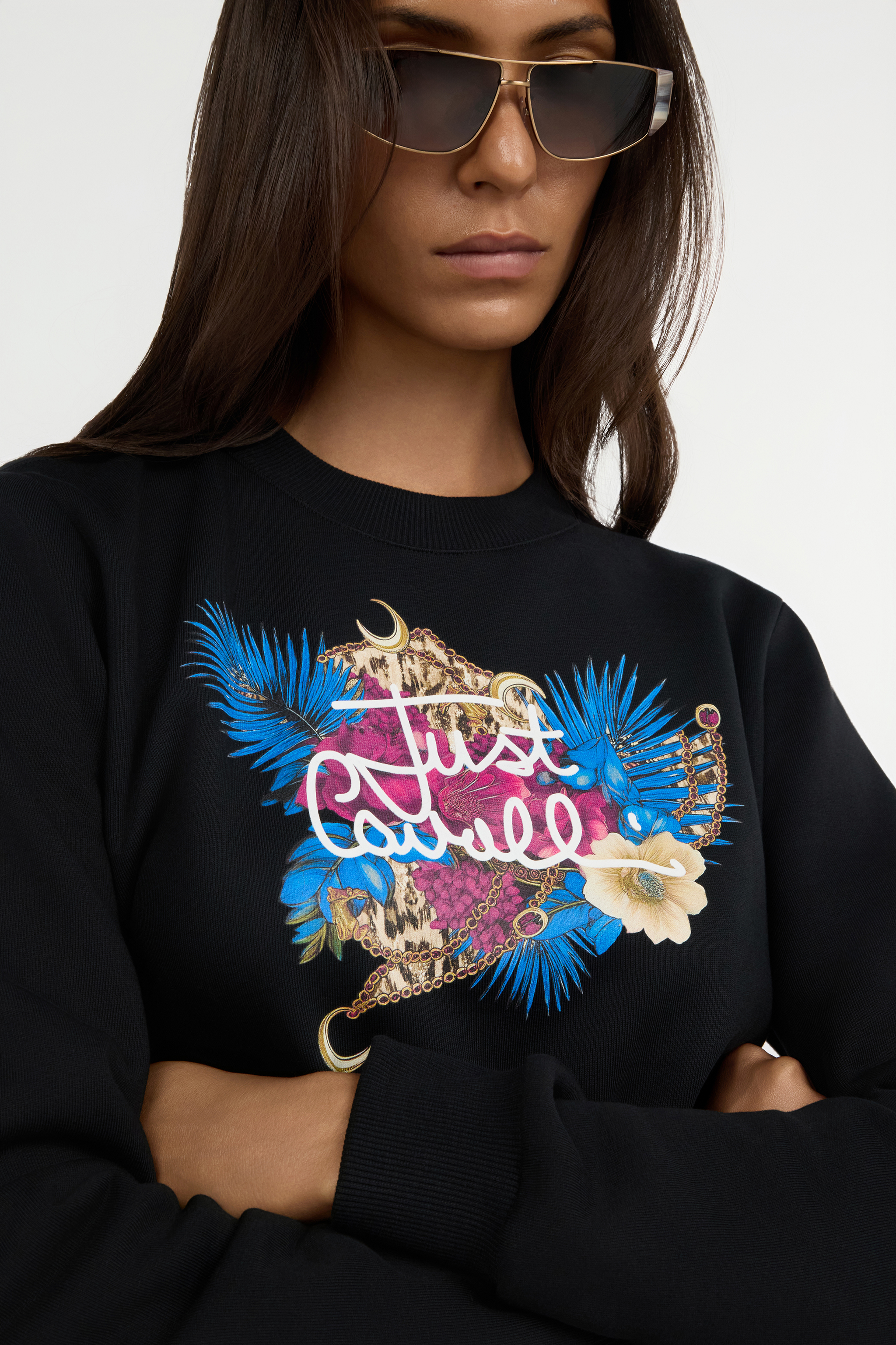 Black Sweatshirt with Floral Logo Print