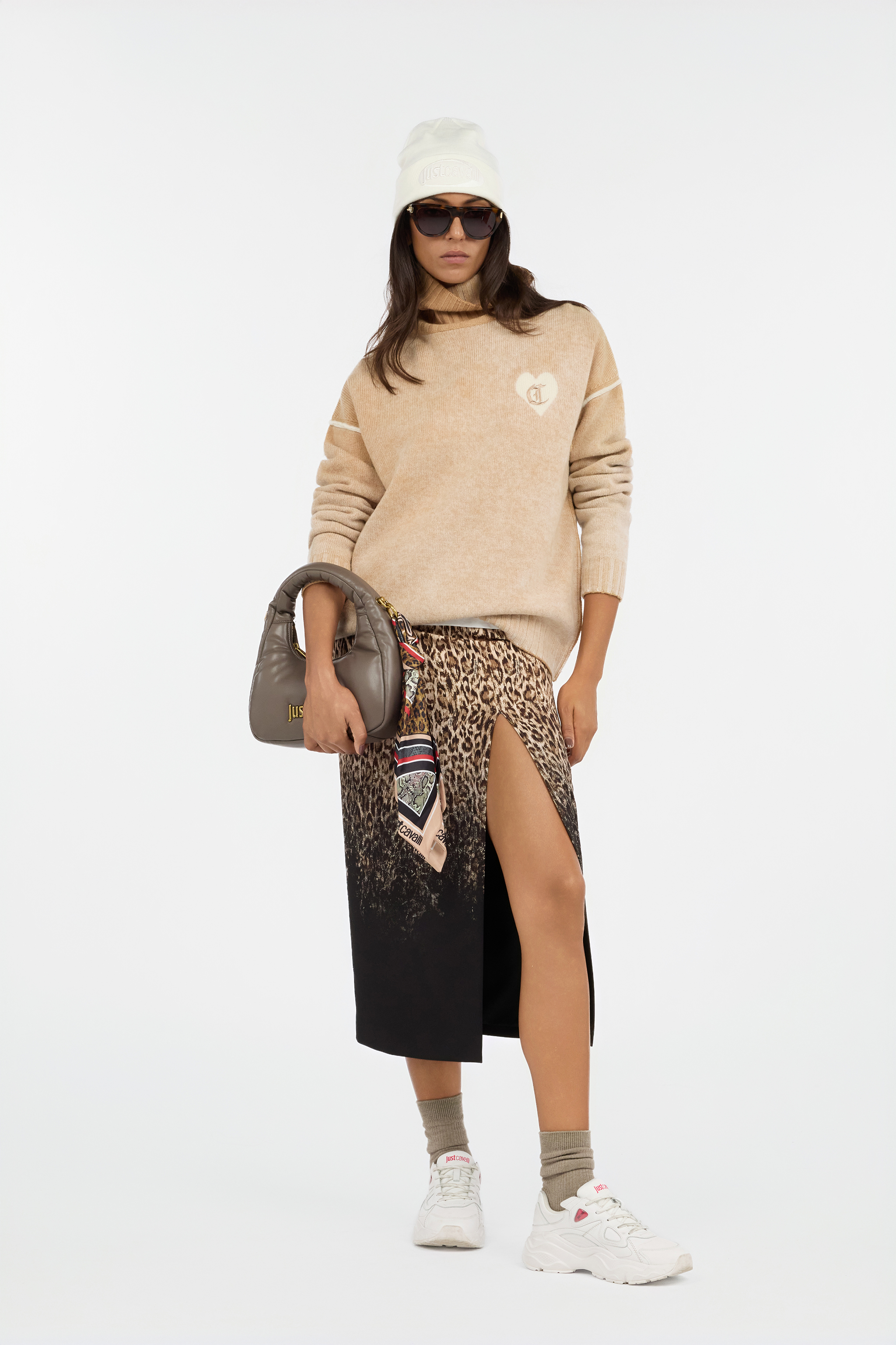 Roberto Cavalli Beige Turtleneck Sweater With Heart Logo In Neutral