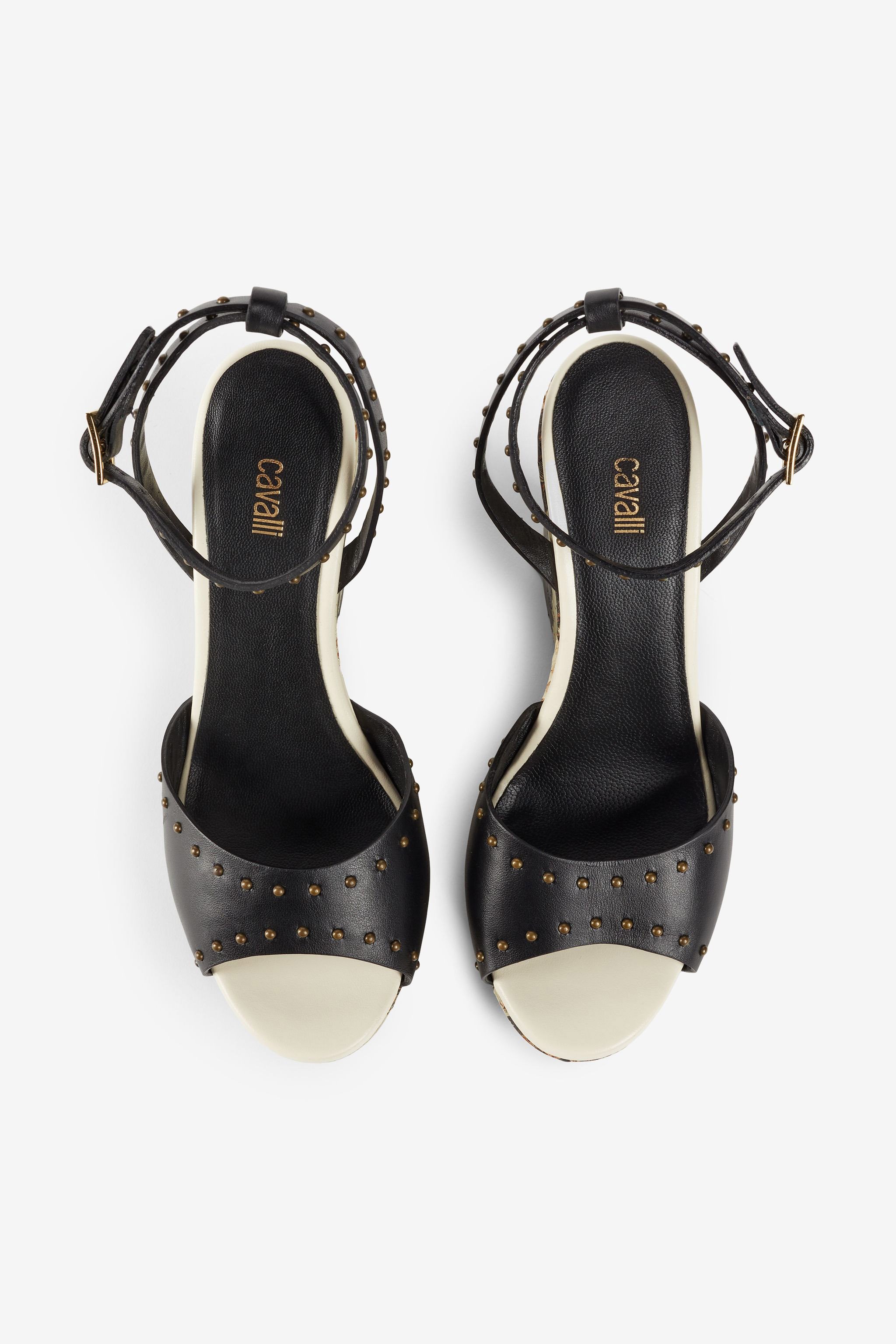 Roberto Cavalli Freedom-print Studded Wedges In Black/white