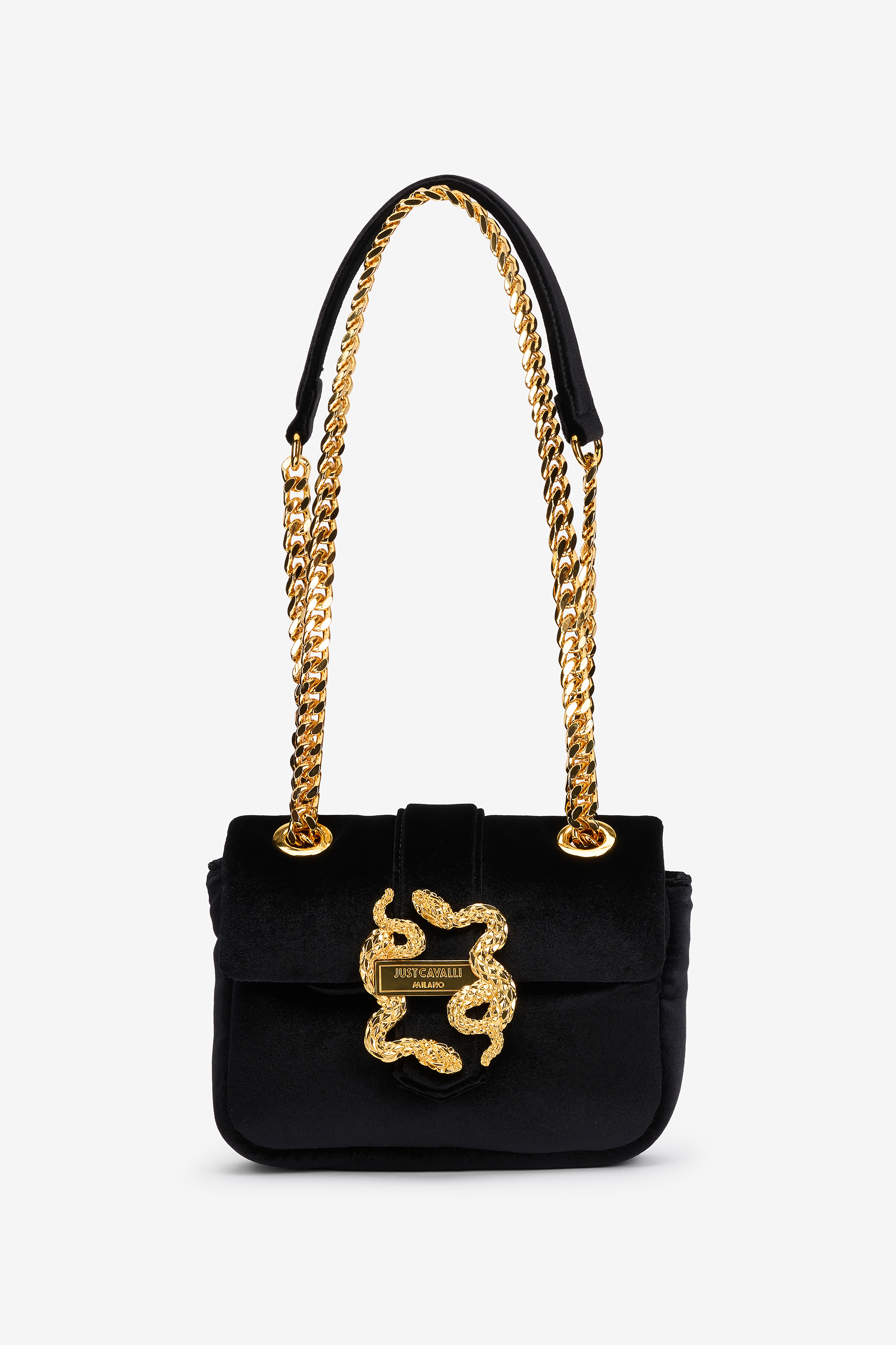 Roberto Cavalli Black Velvet Shoulder Bag Snake Buckle In Black