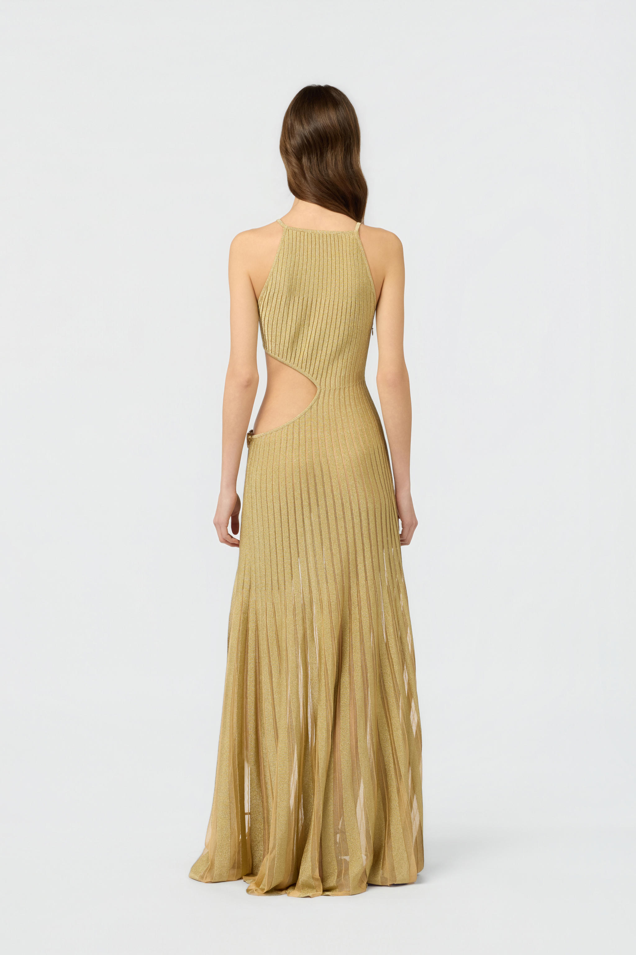 Roberto Cavalli Long Sheer Gold Dress With Cut-outs In Nude