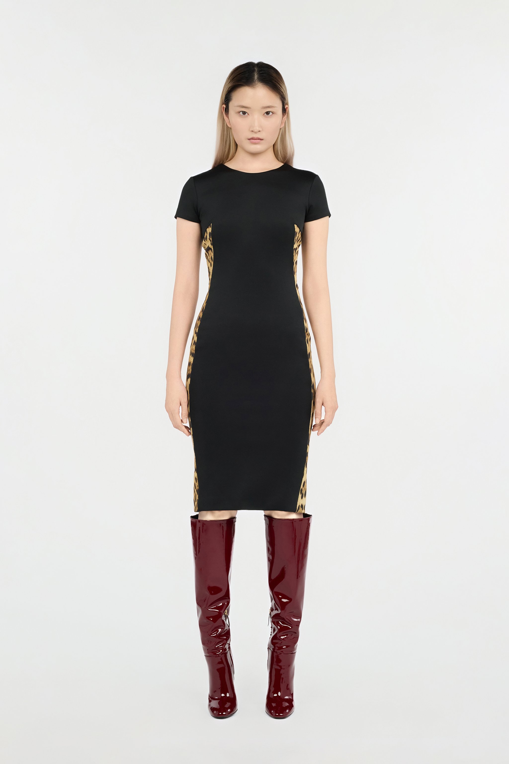 Roberto Cavalli Black Midi Dress With Leopard Print Panels In Black