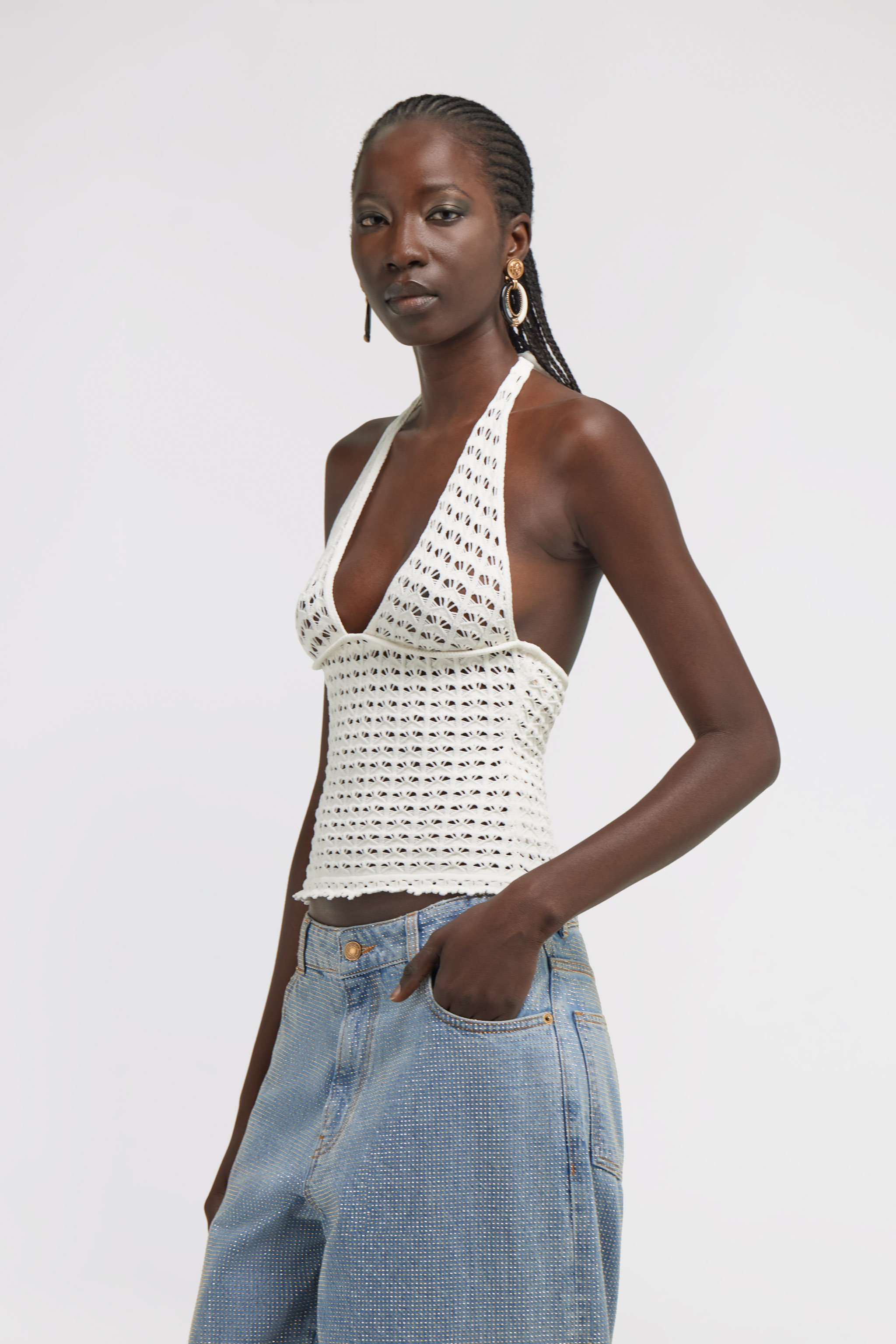 Roberto Cavalli Halterneck Crochet-knit Top In White