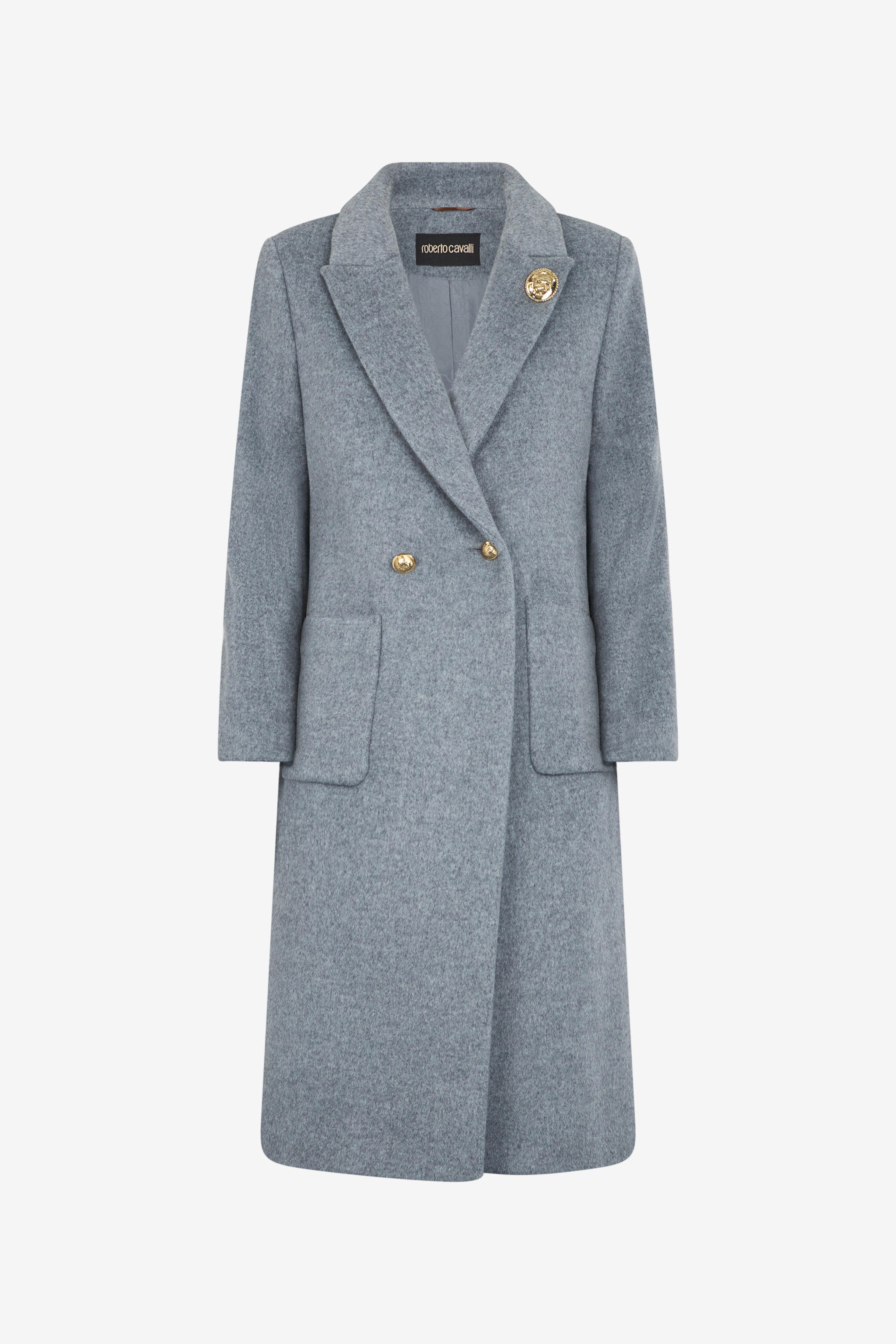 Roberto Cavalli Double-breasted Long Coat In Grey Melange