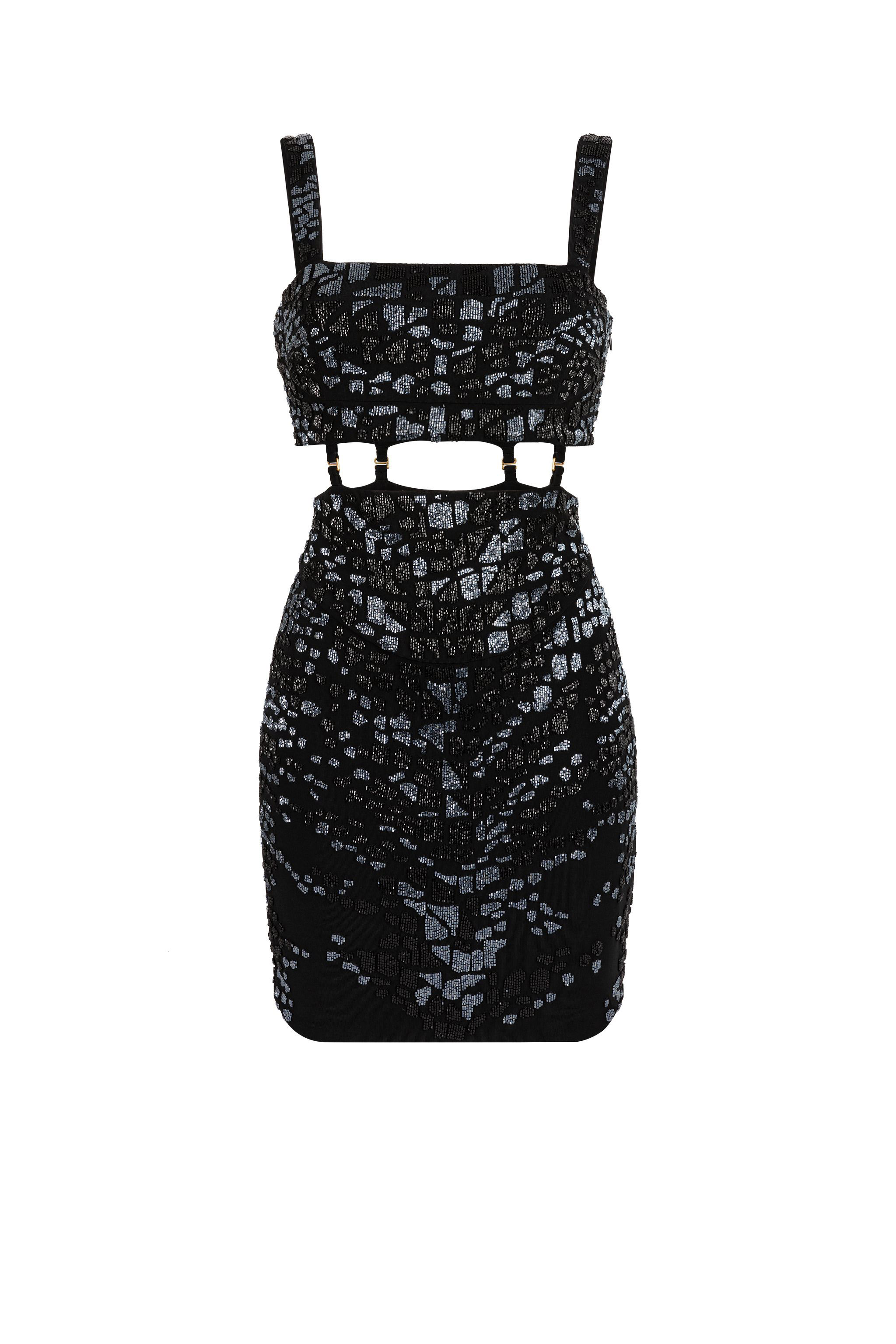 Roberto Cavalli Leopard Bead-embellished Mini Dress In Black