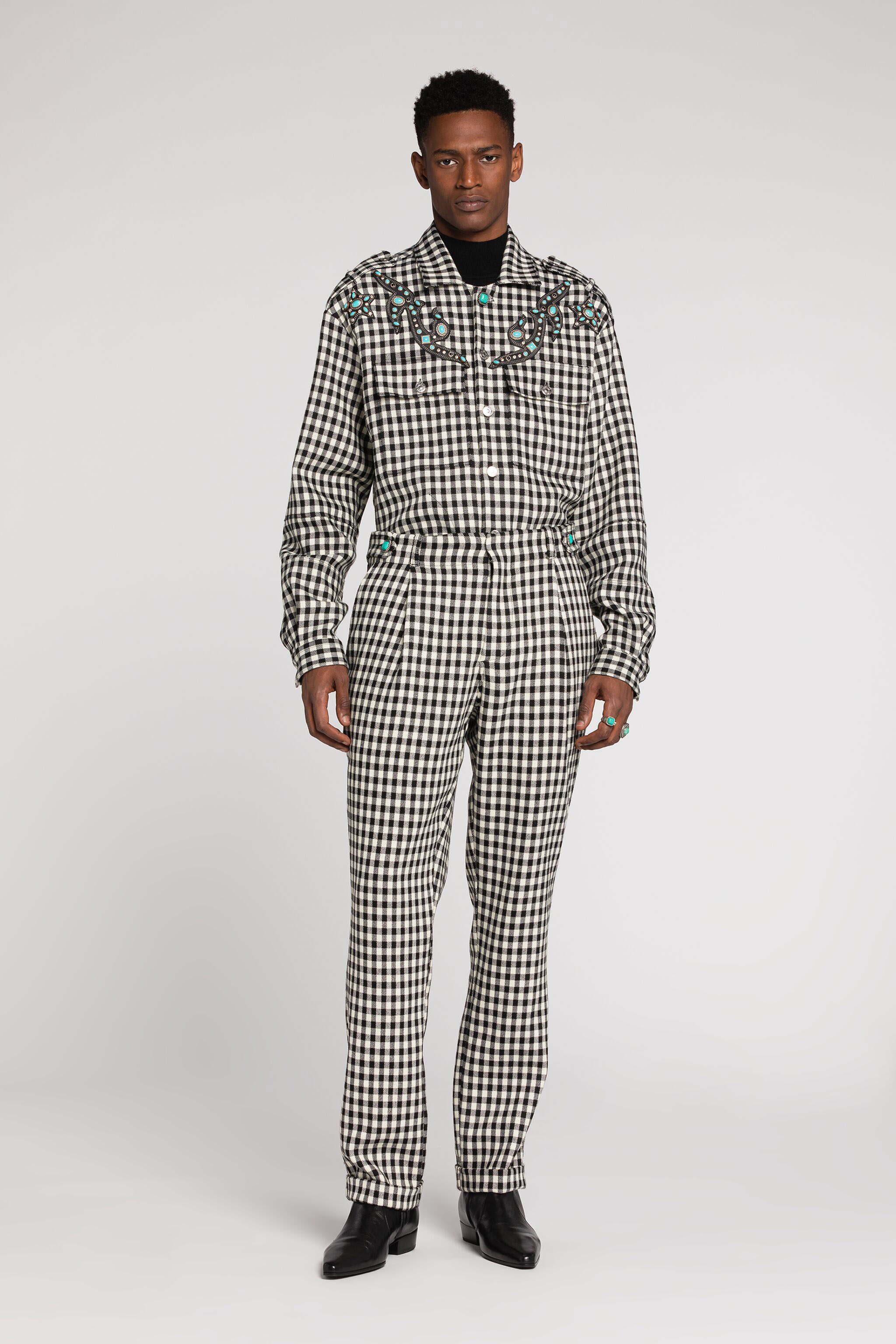 Roberto Cavalli Turquoise-embellished Gingham Jacket In Black/white