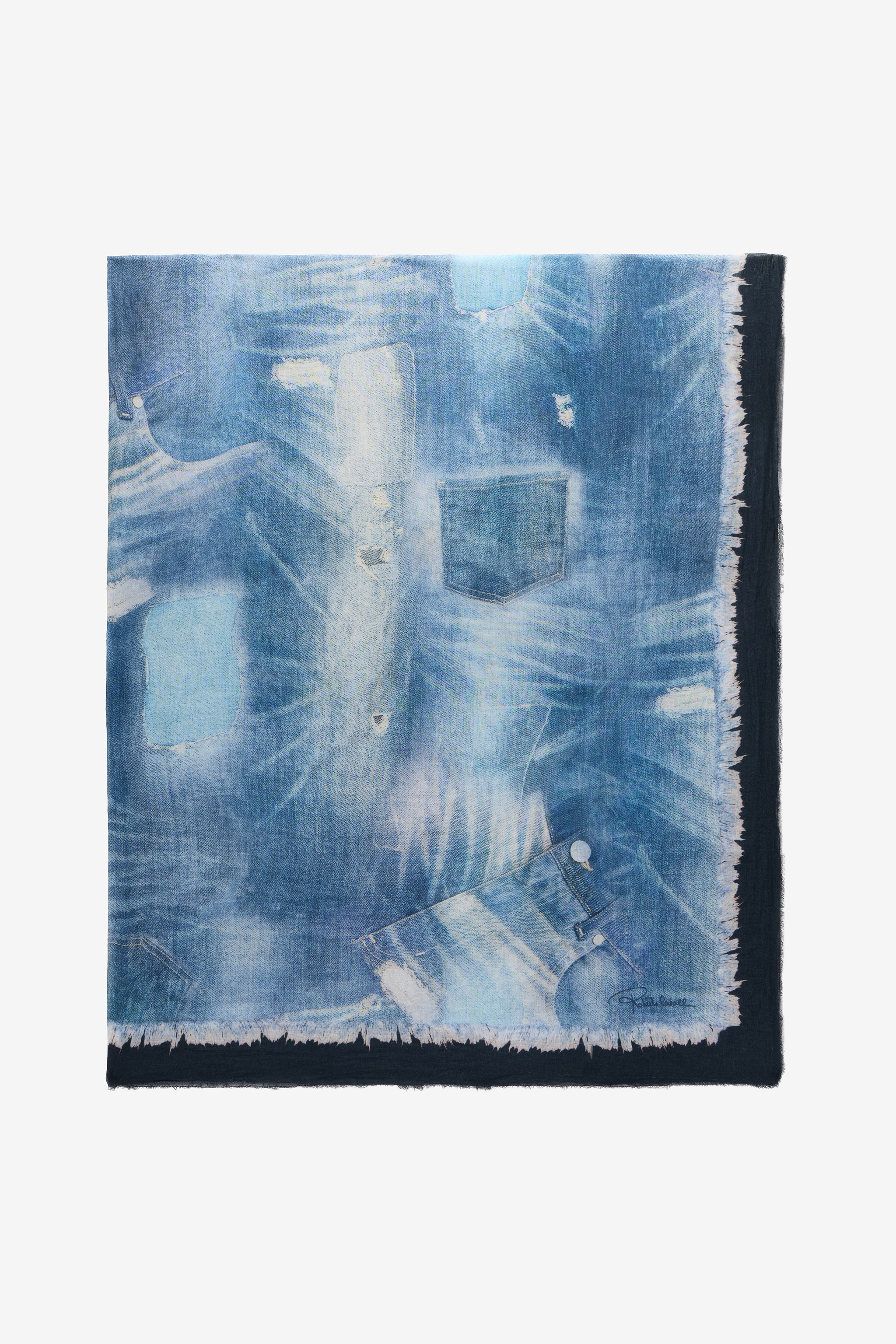 Roberto Cavalli Cotton Scarf with Denim Patchwork Print