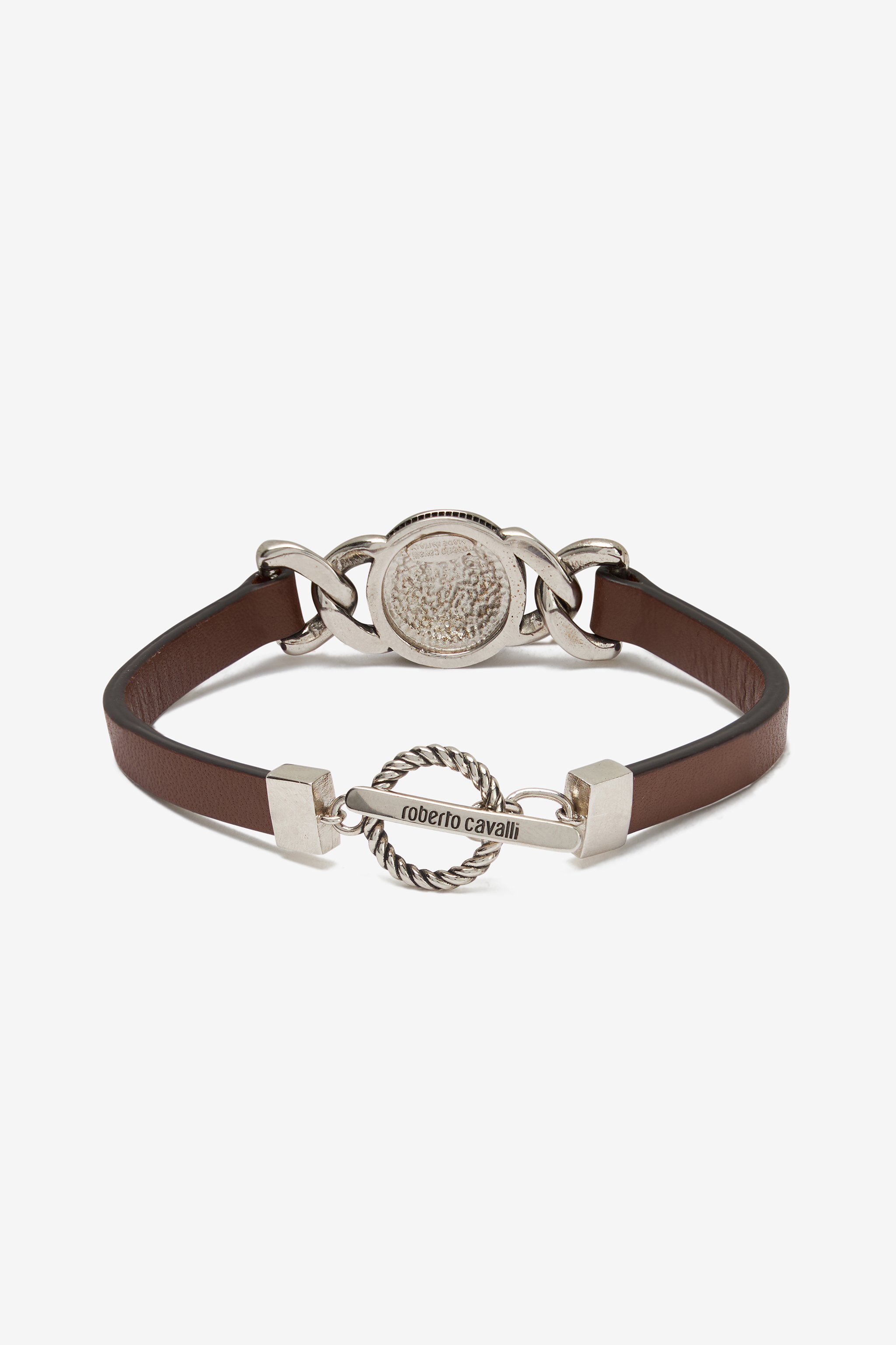 Roberto Cavalli Leather Bracelet With Mirror Snake Monogram In Brown