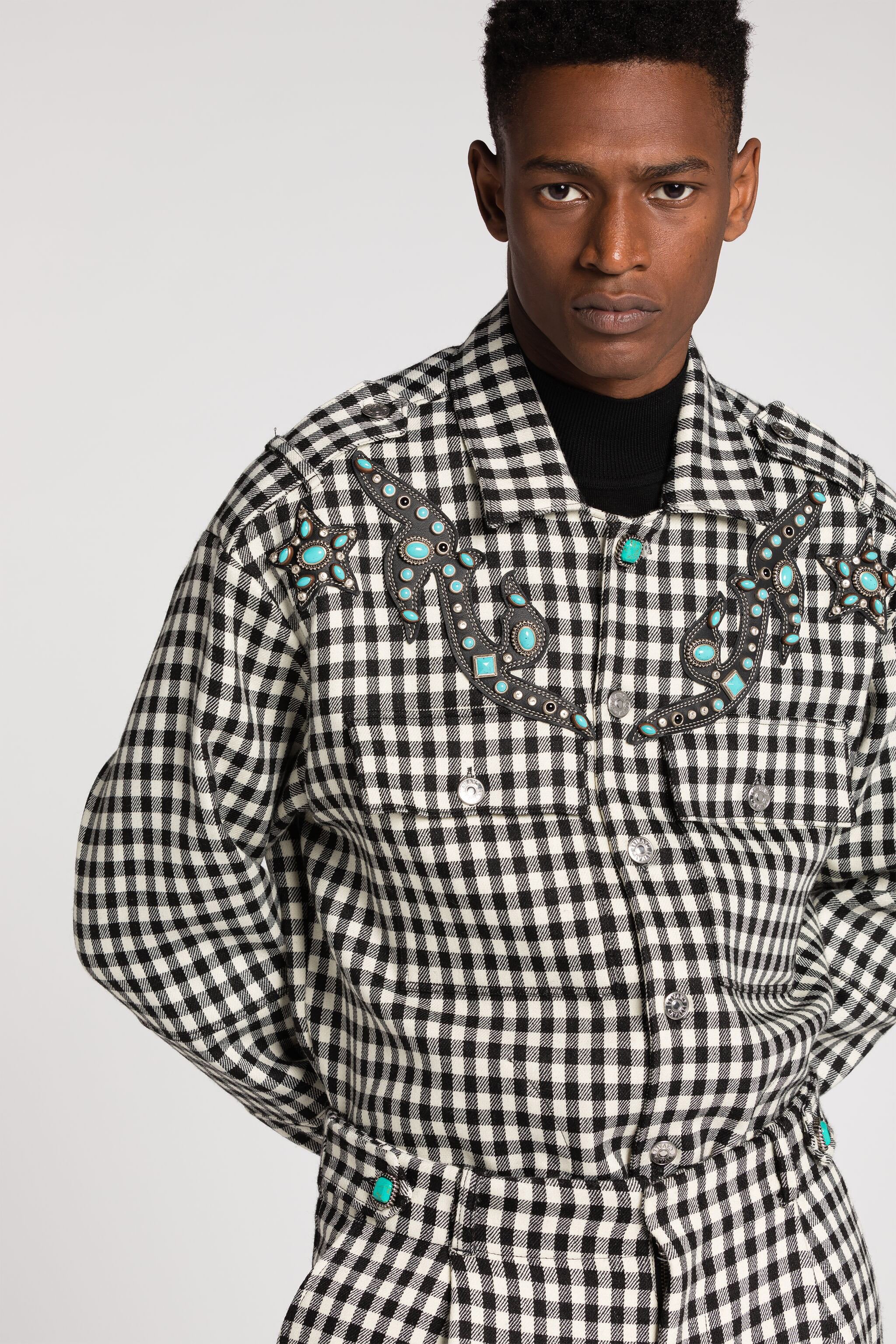 Roberto Cavalli Turquoise-embellished Gingham Jacket In Black/white