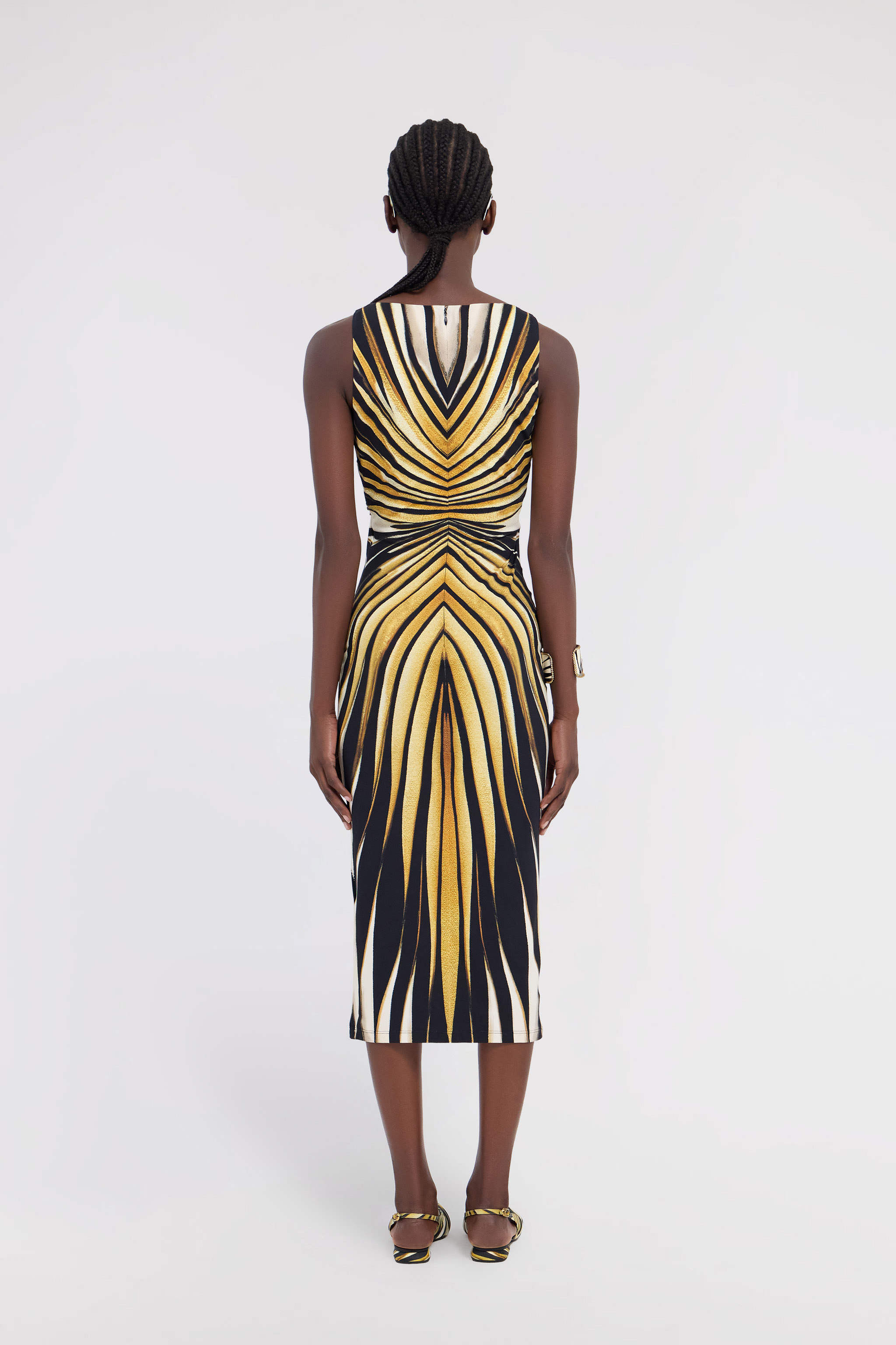 Roberto Cavalli Ray Of Gold Print Fitted Dress In Gold