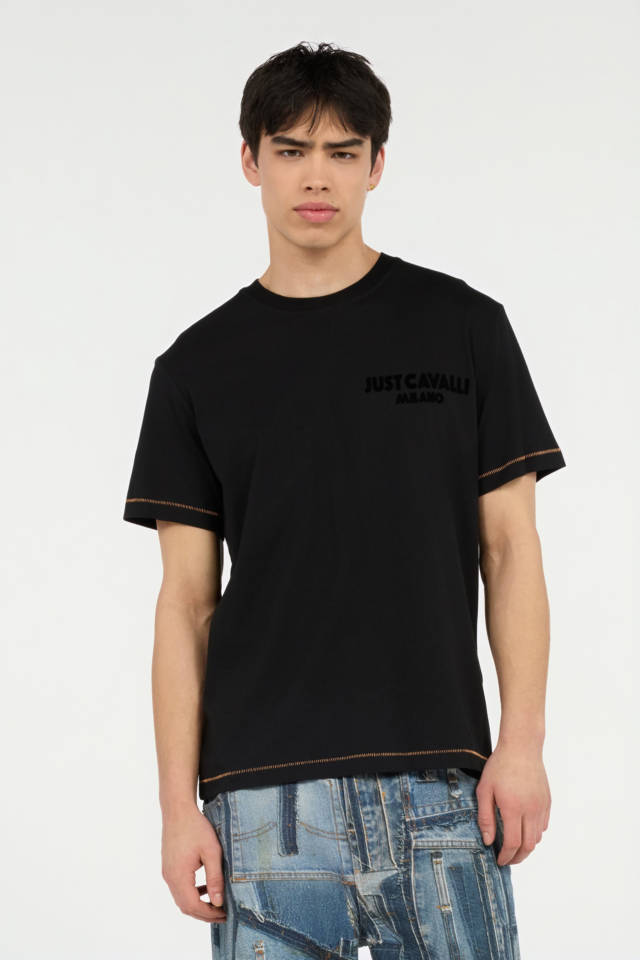 Roberto Cavalli T-shirt With Jc Monogram And Contrasting Topstitching In Black