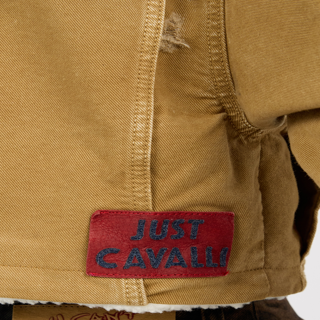 Roberto Cavalli Camel Cropped Coat With Shearling Trim In Brown