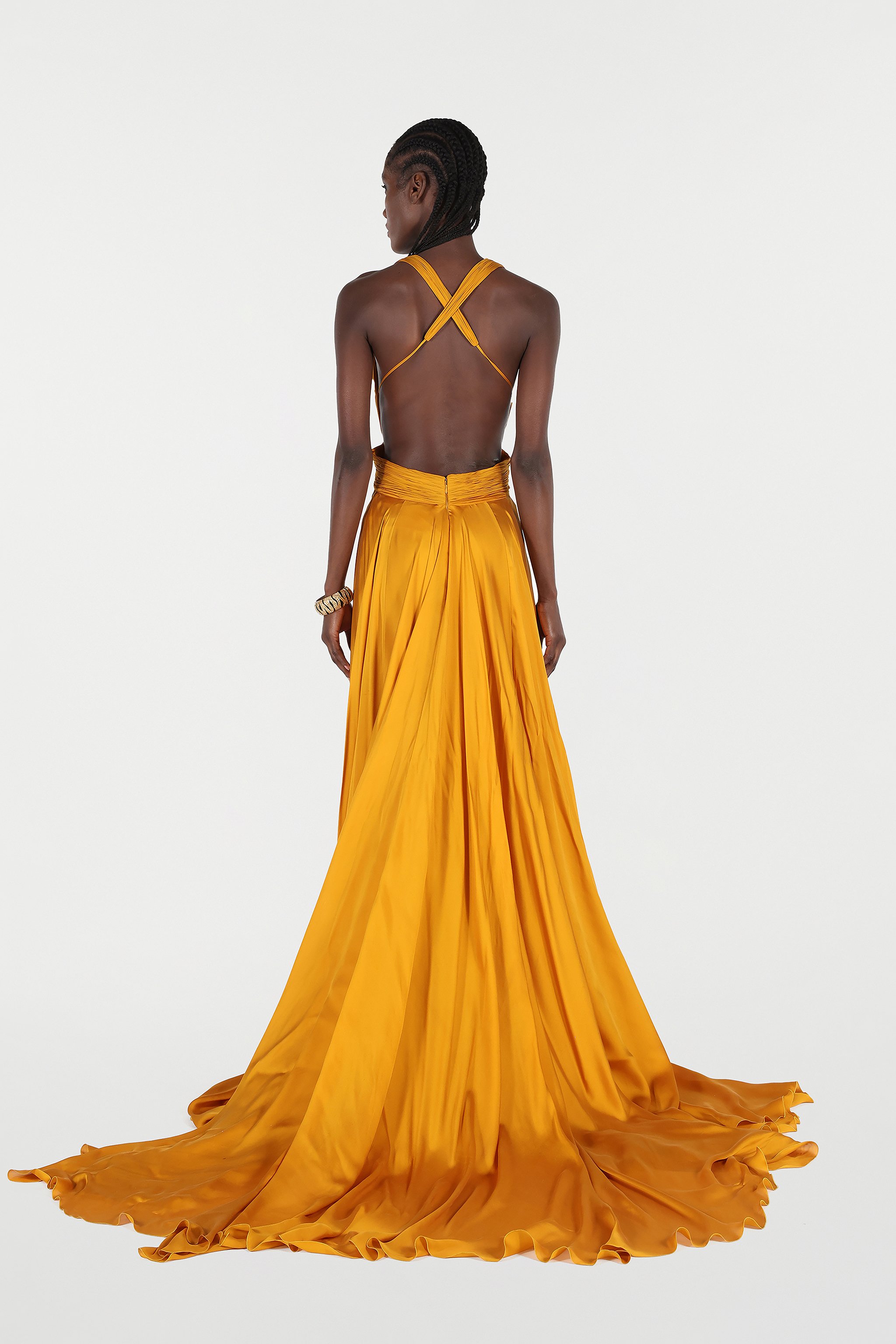 Roberto Cavalli Extra-long Pure Silk Dress In Yellow