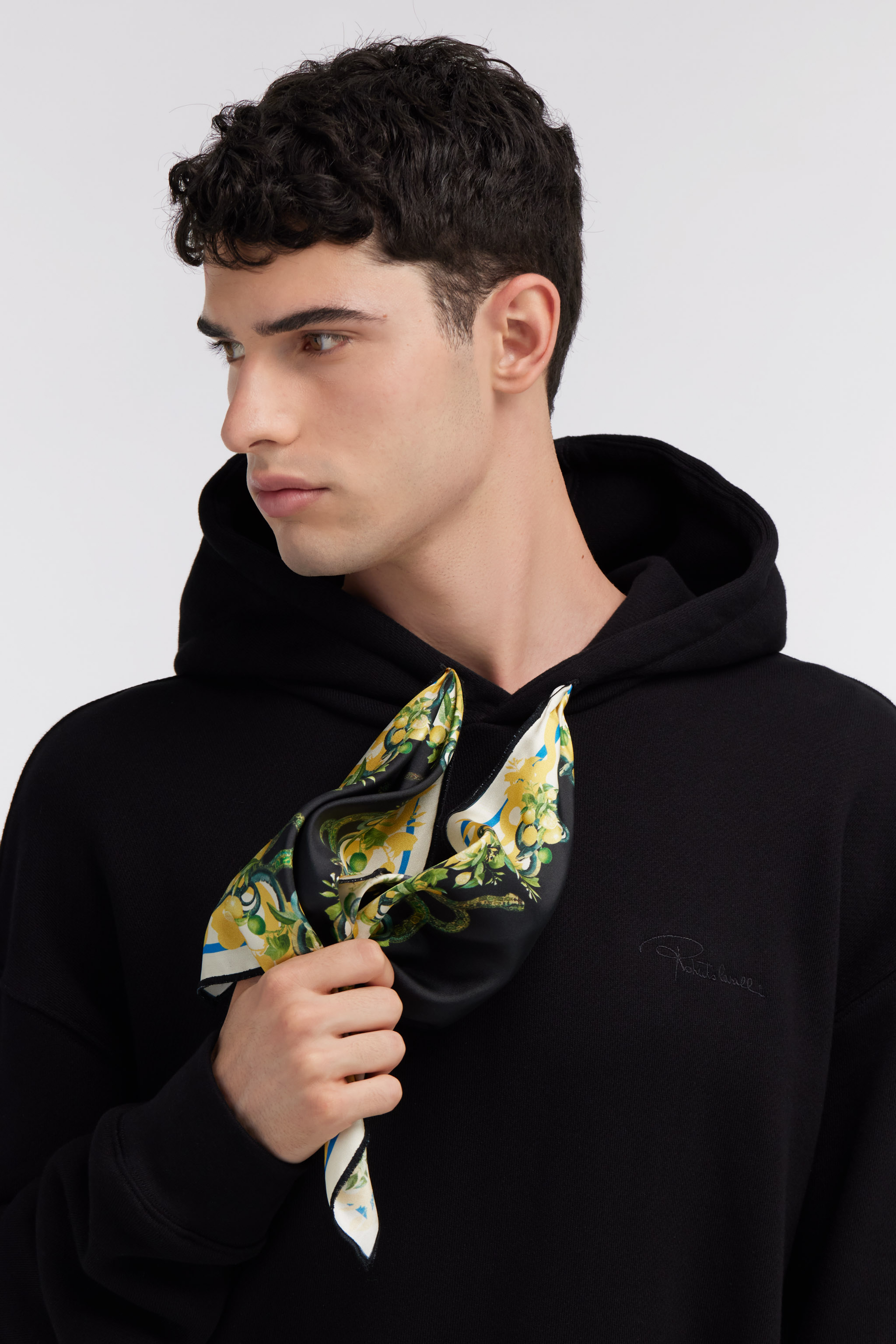 Roberto Cavalli Sweatshirt With Laces And Lemon Snake Print Details In Black