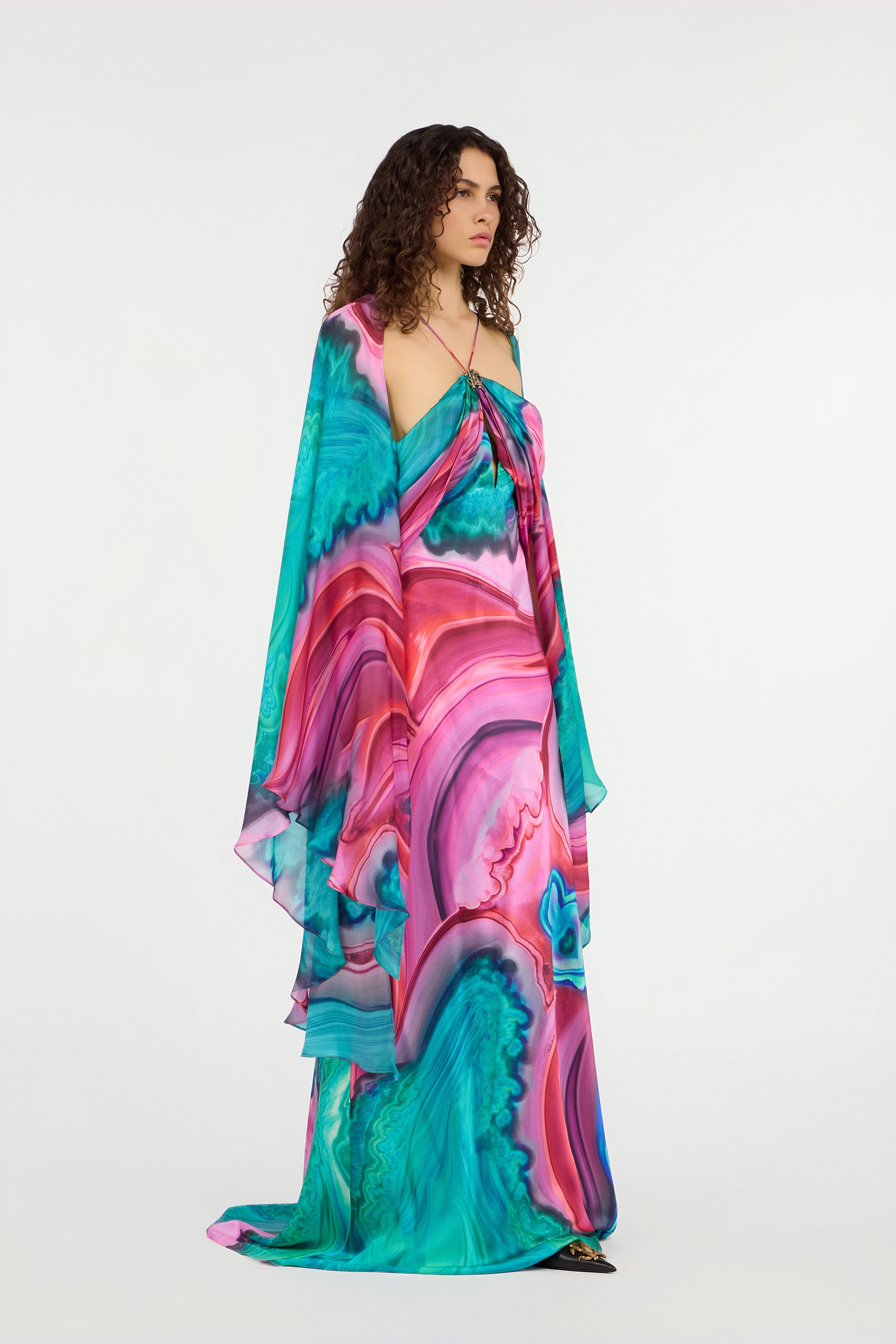 Long silk dress with cut-out and multicolor marble print