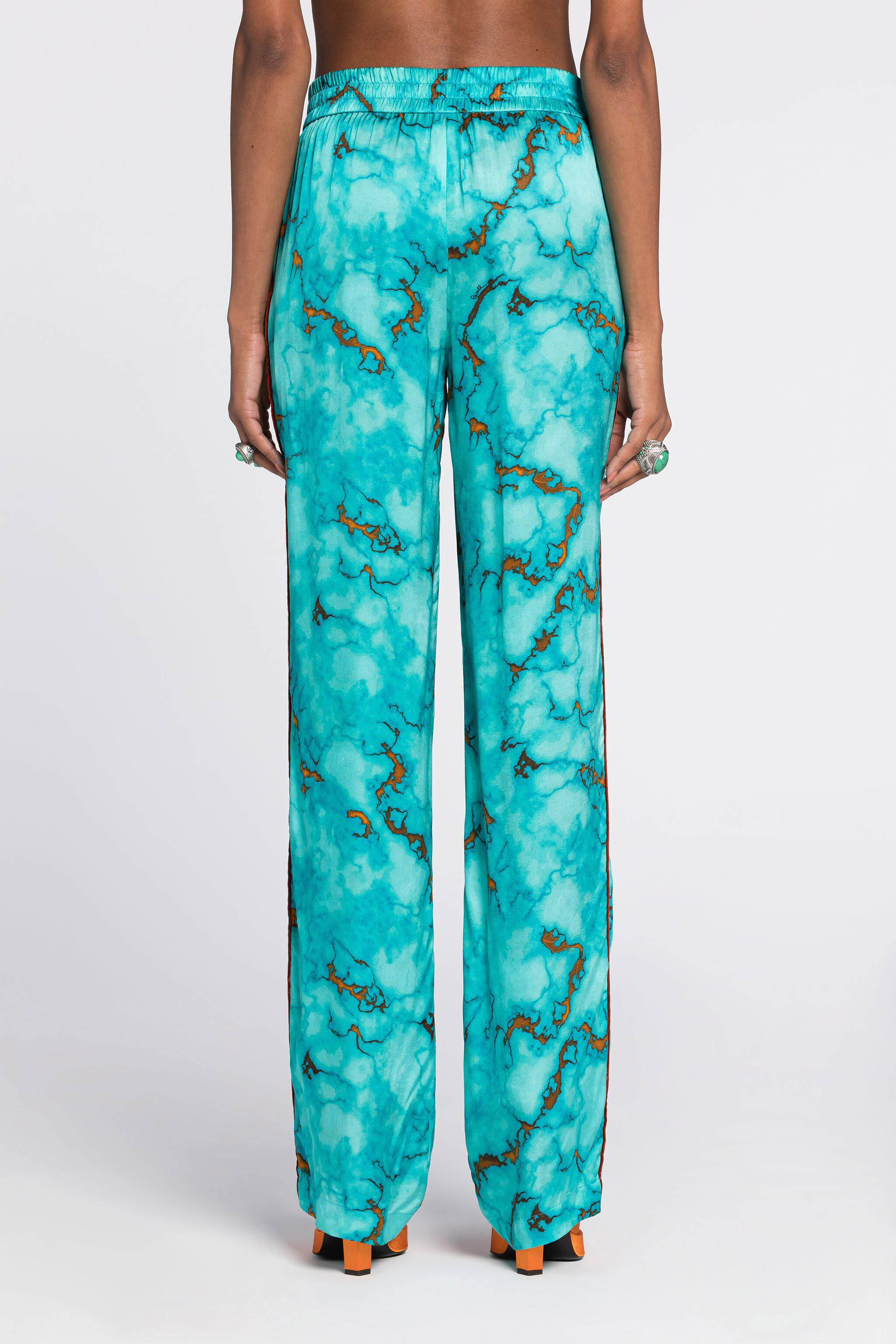 Roberto Cavalli Marble-print Straight-leg Trousers In Light Blue