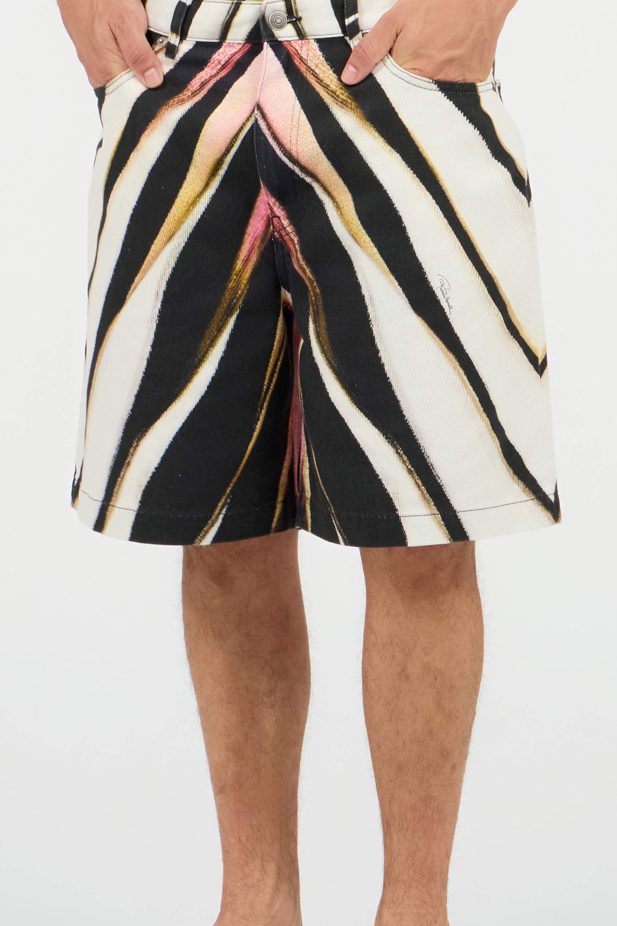 Roberto Cavalli Ray Of Pink Print Bermuda Shorts In Black