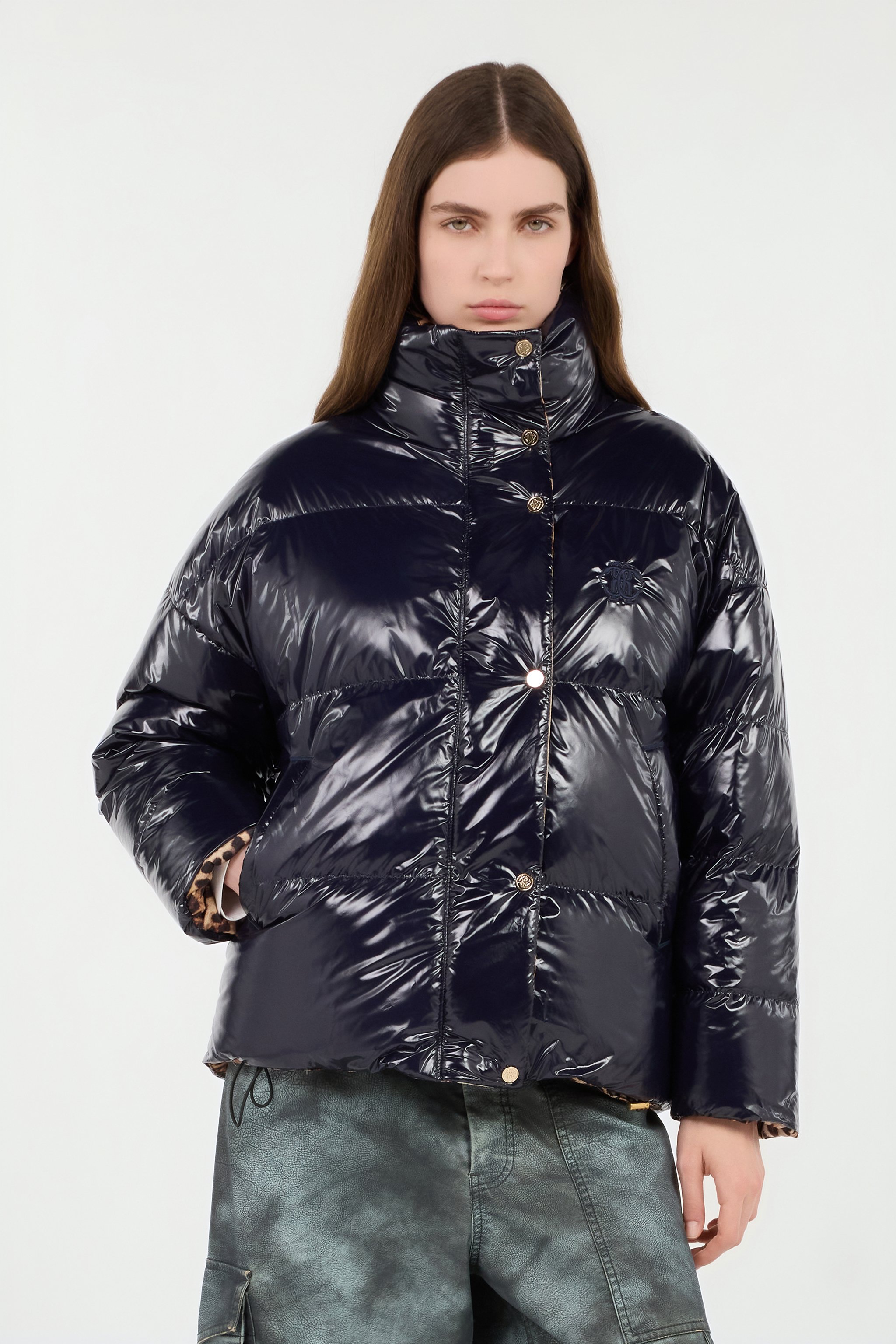 Roberto Cavalli Reversible Marble Print Down Jacket In Animal Print