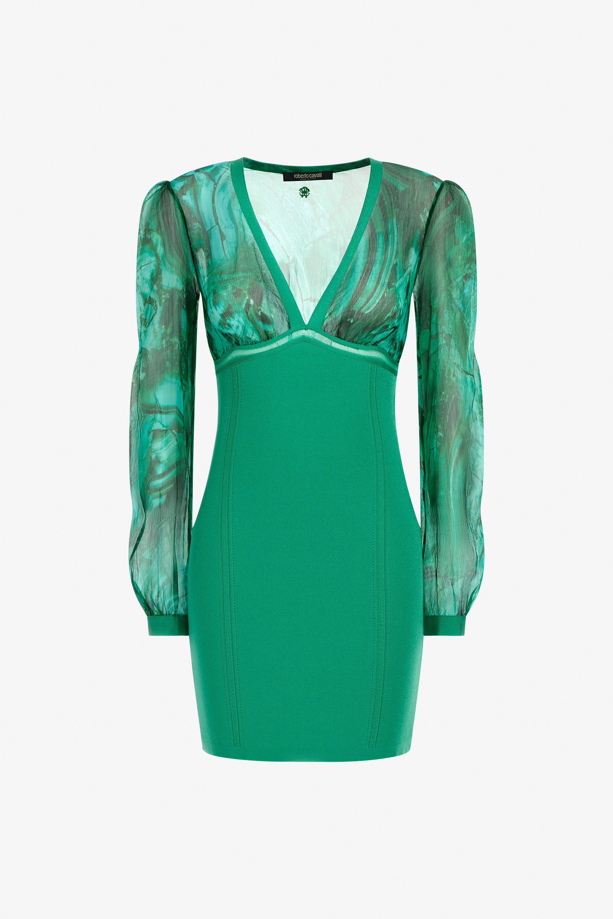 Roberto Cavalli V-neckline Fitted Silhouette Mini Length Sheer Long Sleeves In Green