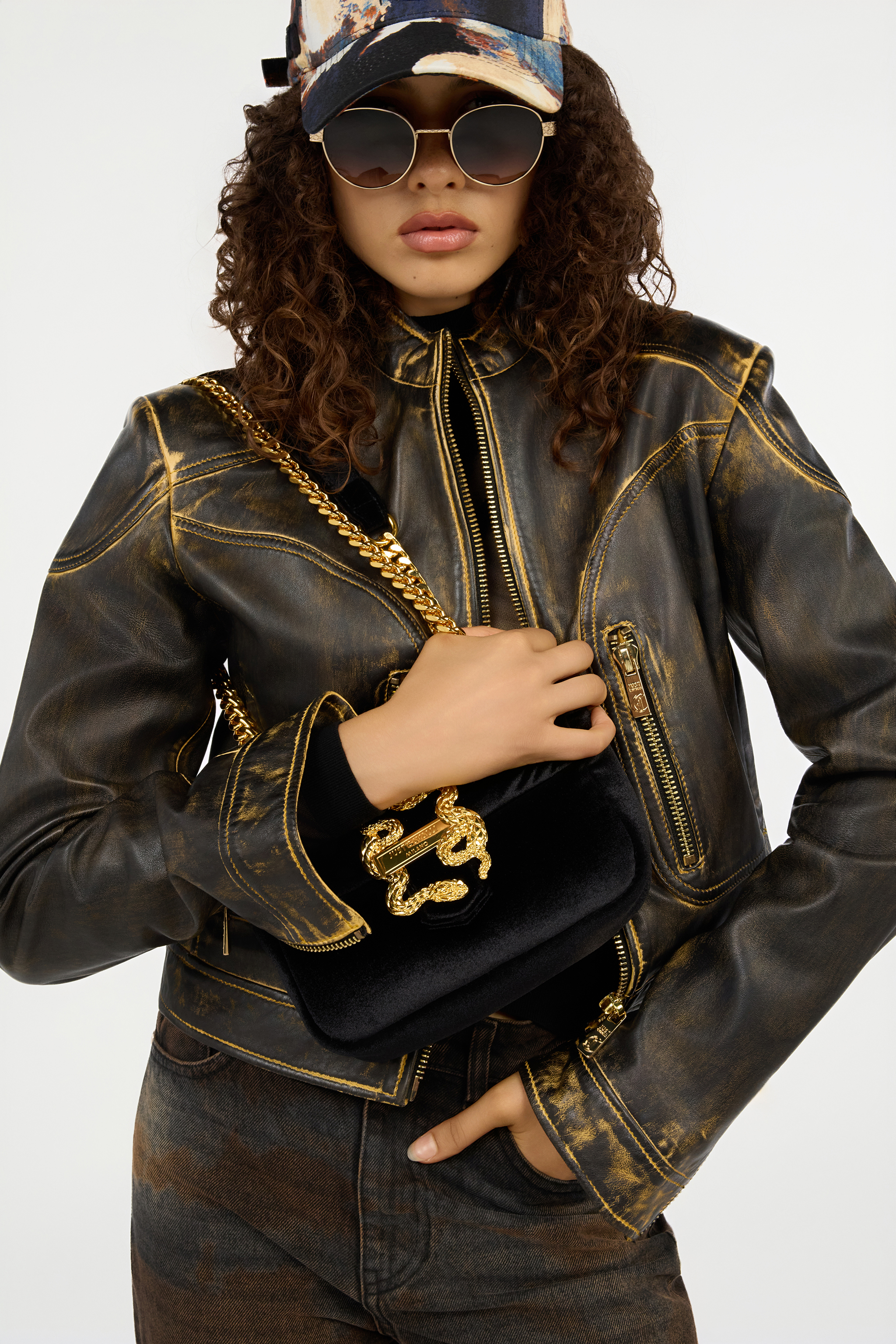 Roberto Cavalli Black Velvet Shoulder Bag Snake Buckle In Black