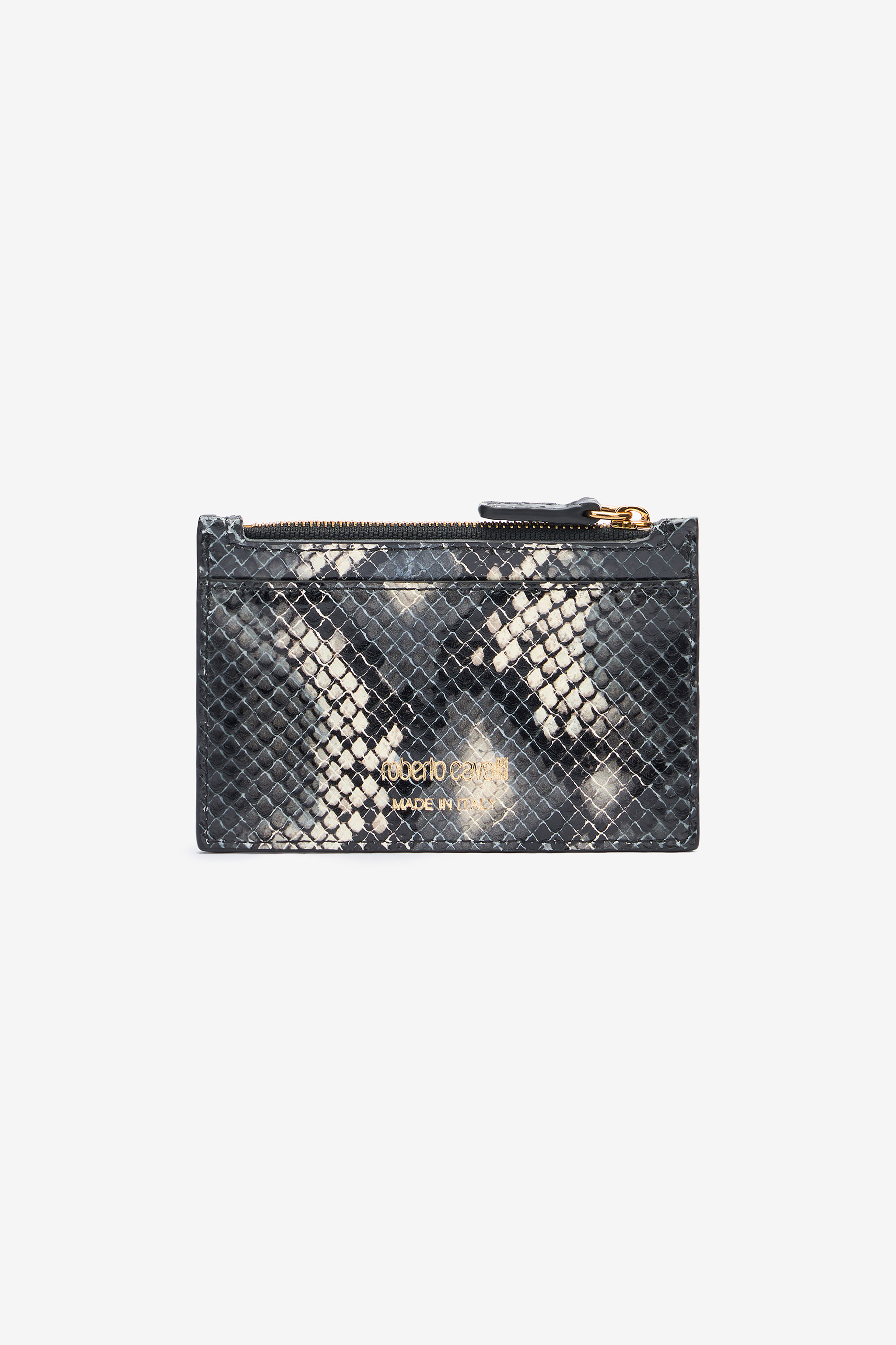 Roberto Cavalli Printed Leather Cardholder With Zip In Black/white