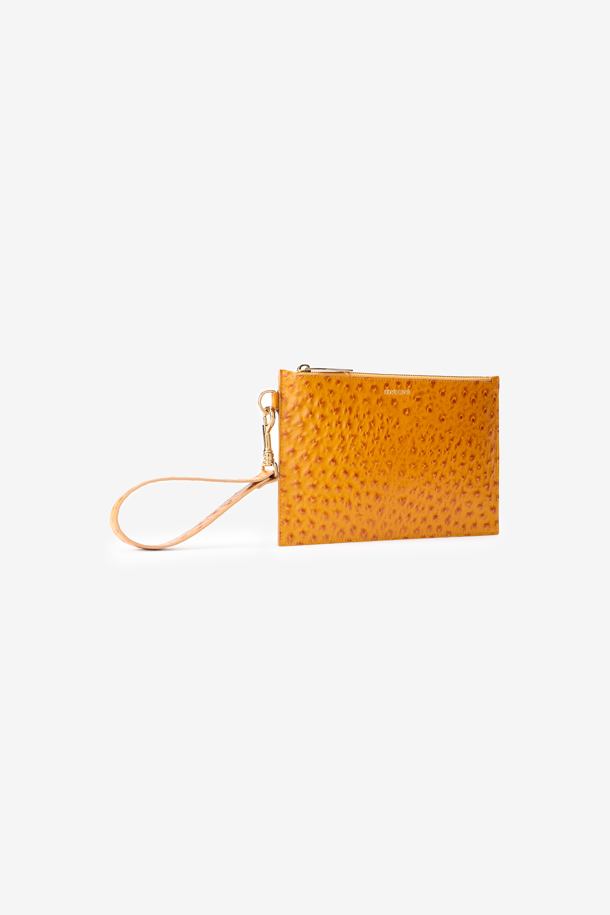 Roberto Cavalli Ochre Clutch In Ostrich-effect Leather In Brown