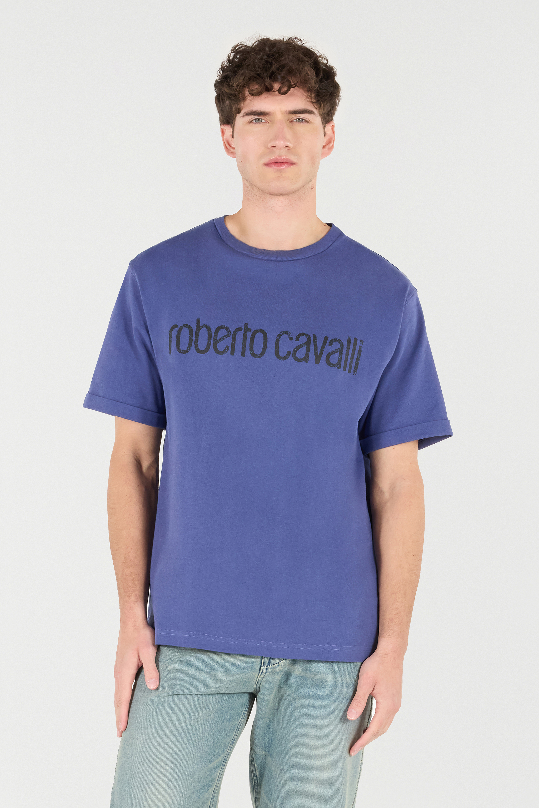 Shop Roberto Cavalli T-shirt Mit Logo Im Used-look In Navy